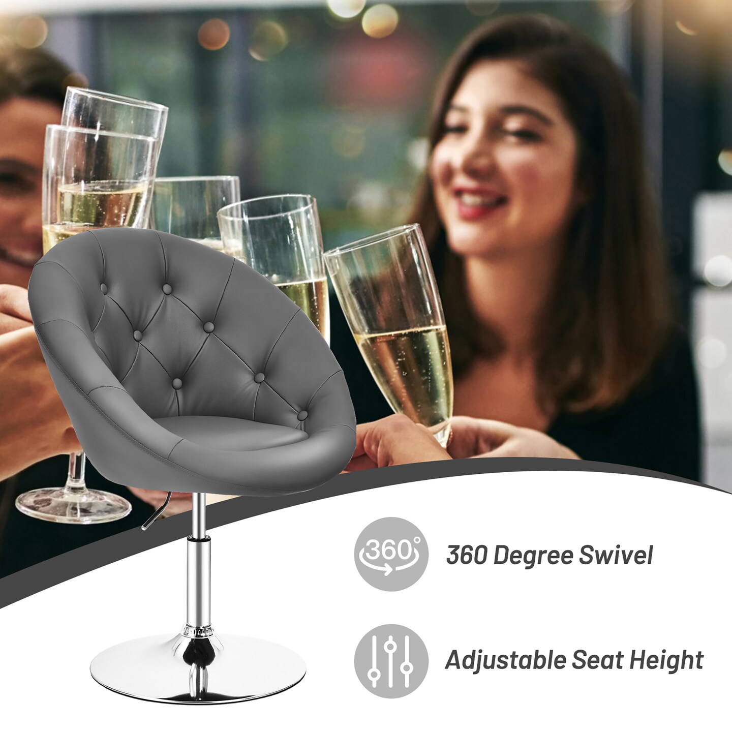 Costway Adjustable Bar Stool Swivel Vanity Accent Chair w/Round Tufted