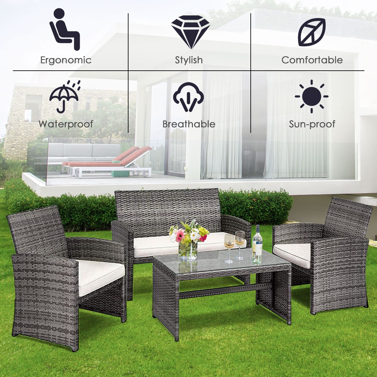 Costway 4PCS Patio Rattan Furniture Set Conversation Glass Table Top Cushioned Sofa, White