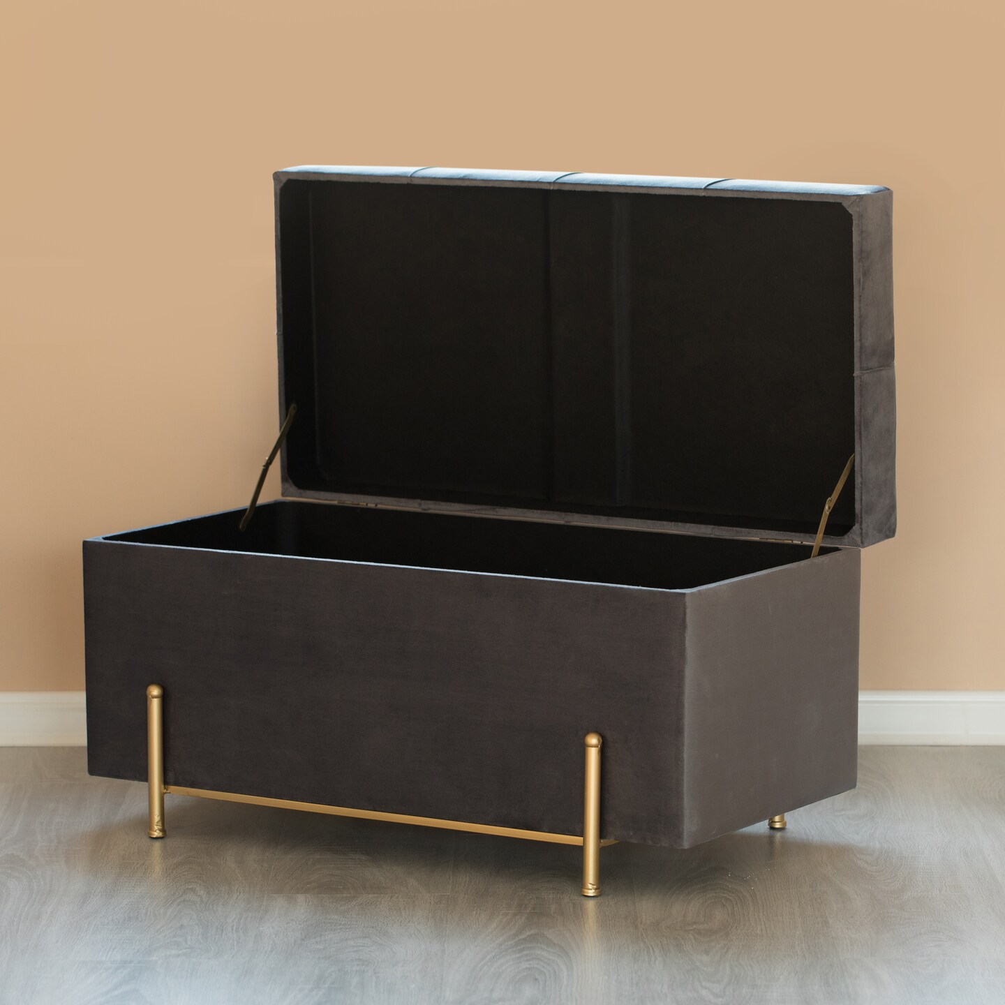 Large Rectangle Velvet Storage Ottoman Stool Box with Golden Legs | Decorative Sitting Bench for Living Room Home Decor with Cylindrical Golden Support