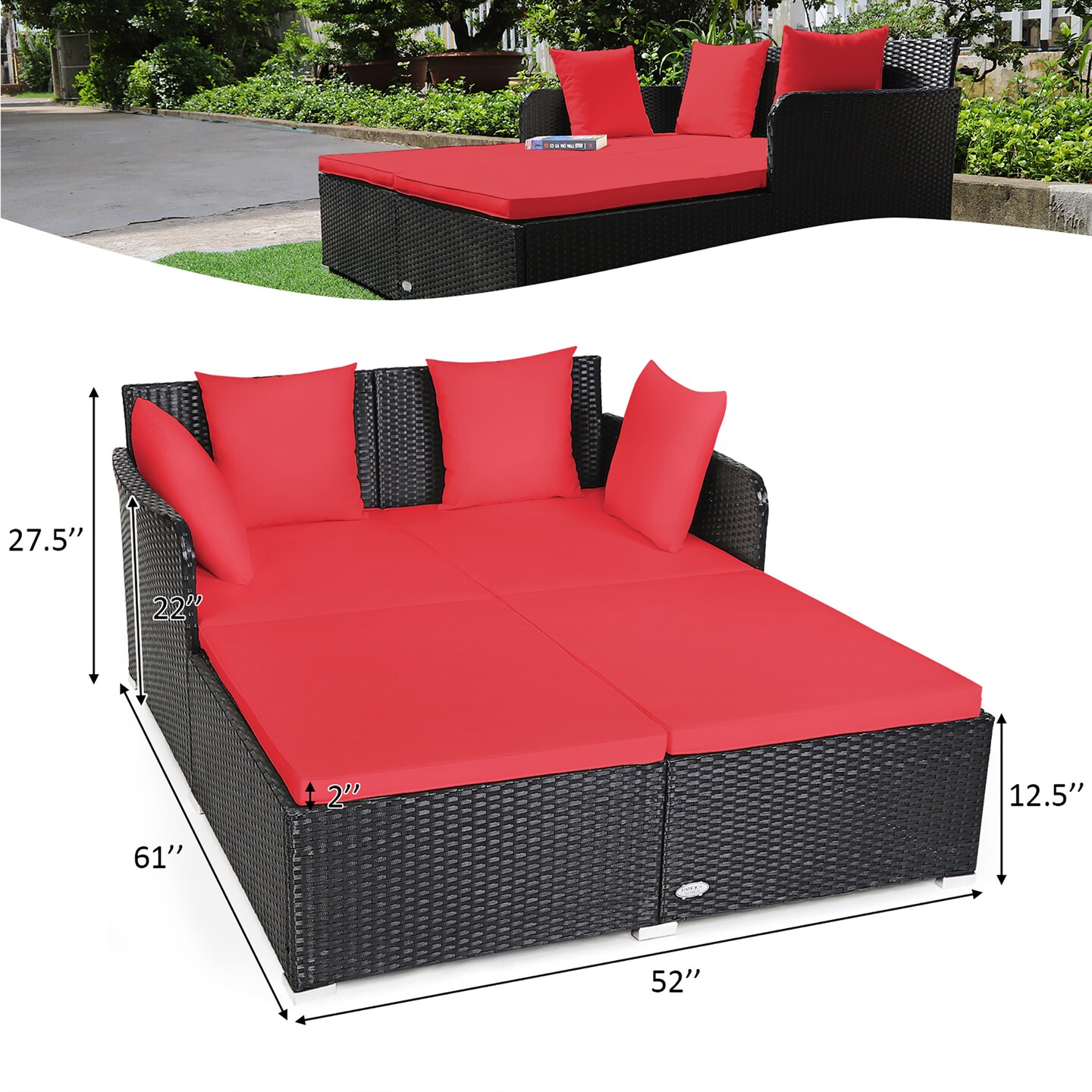 Costway Outdoor Patio Rattan Daybed Pillows Cushioned Sofa Furniture