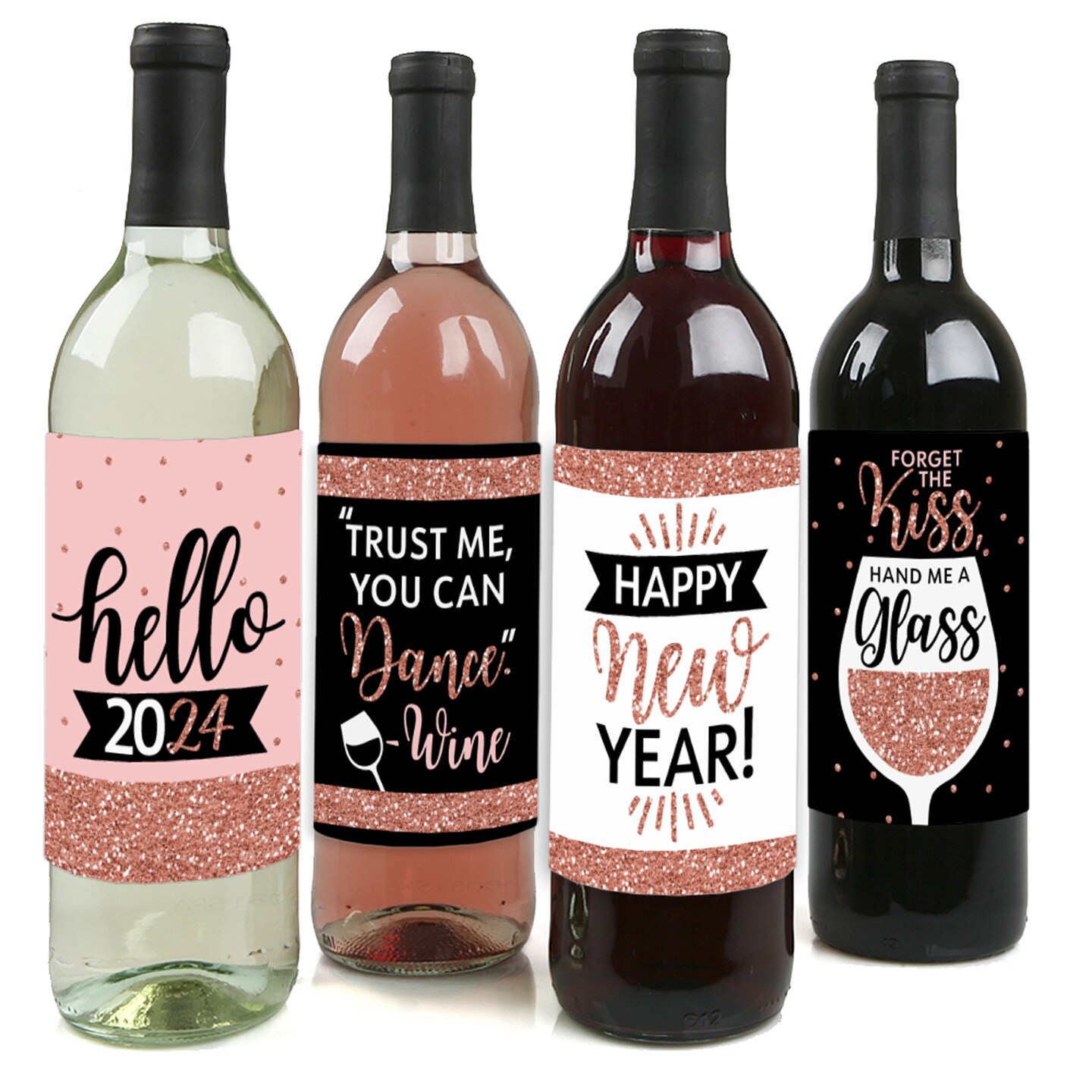 Big Dot of Happiness Rose Gold Happy New Year - 2024 New Year&#x27;s Eve Party Decorations for Women and Men - Wine Bottle Label Stickers - Set of 4