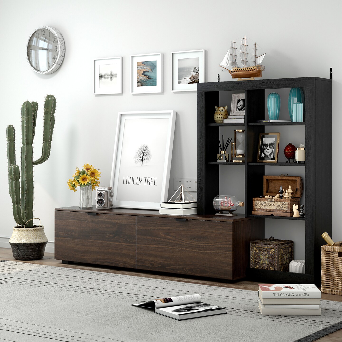 Costway 2-in-1 TV Stand Entertainment Center w/ 4-tier Bookcase Adjustable Shelf