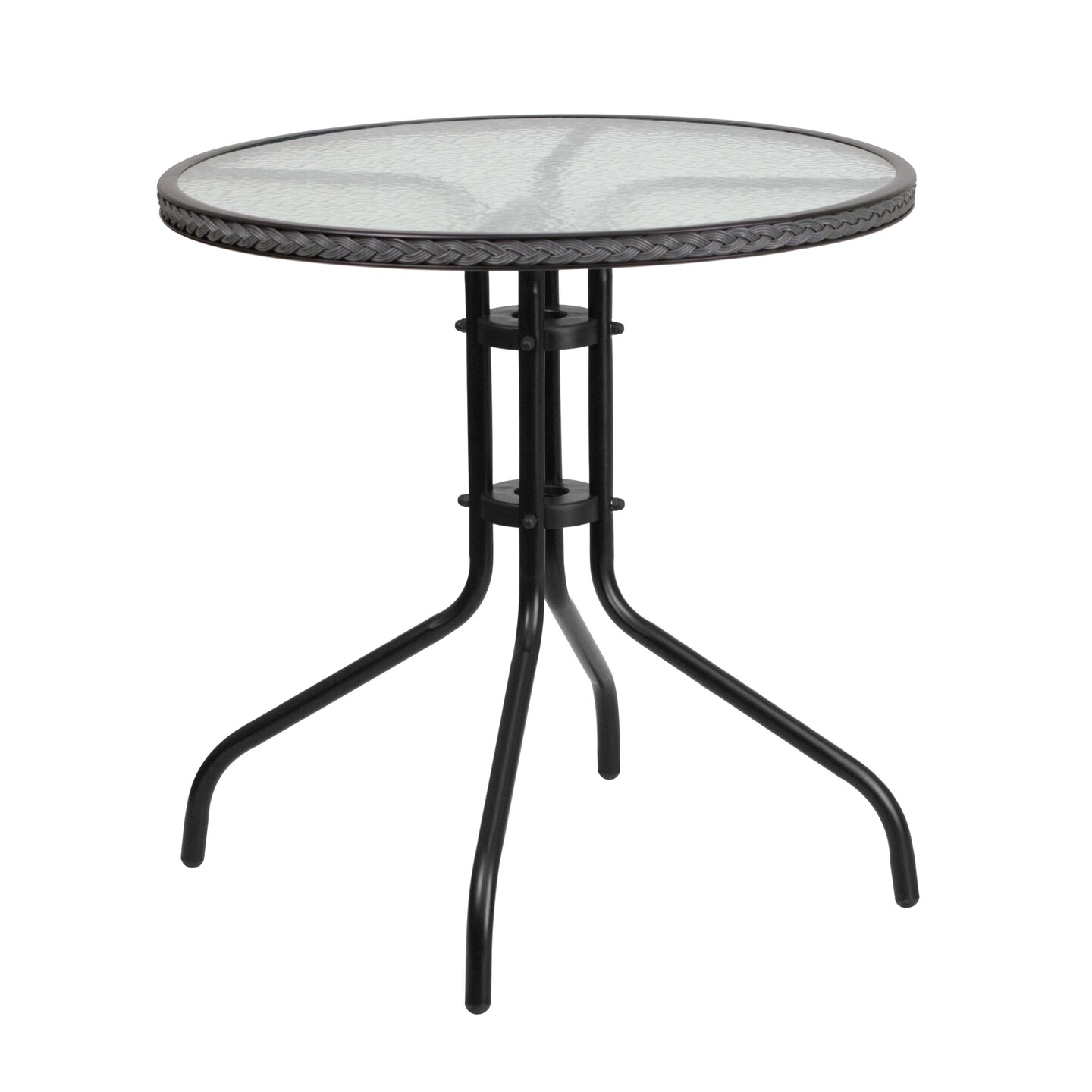 Emma and Oliver 28" Round Tempered Glass Metal Table with Rattan Edging