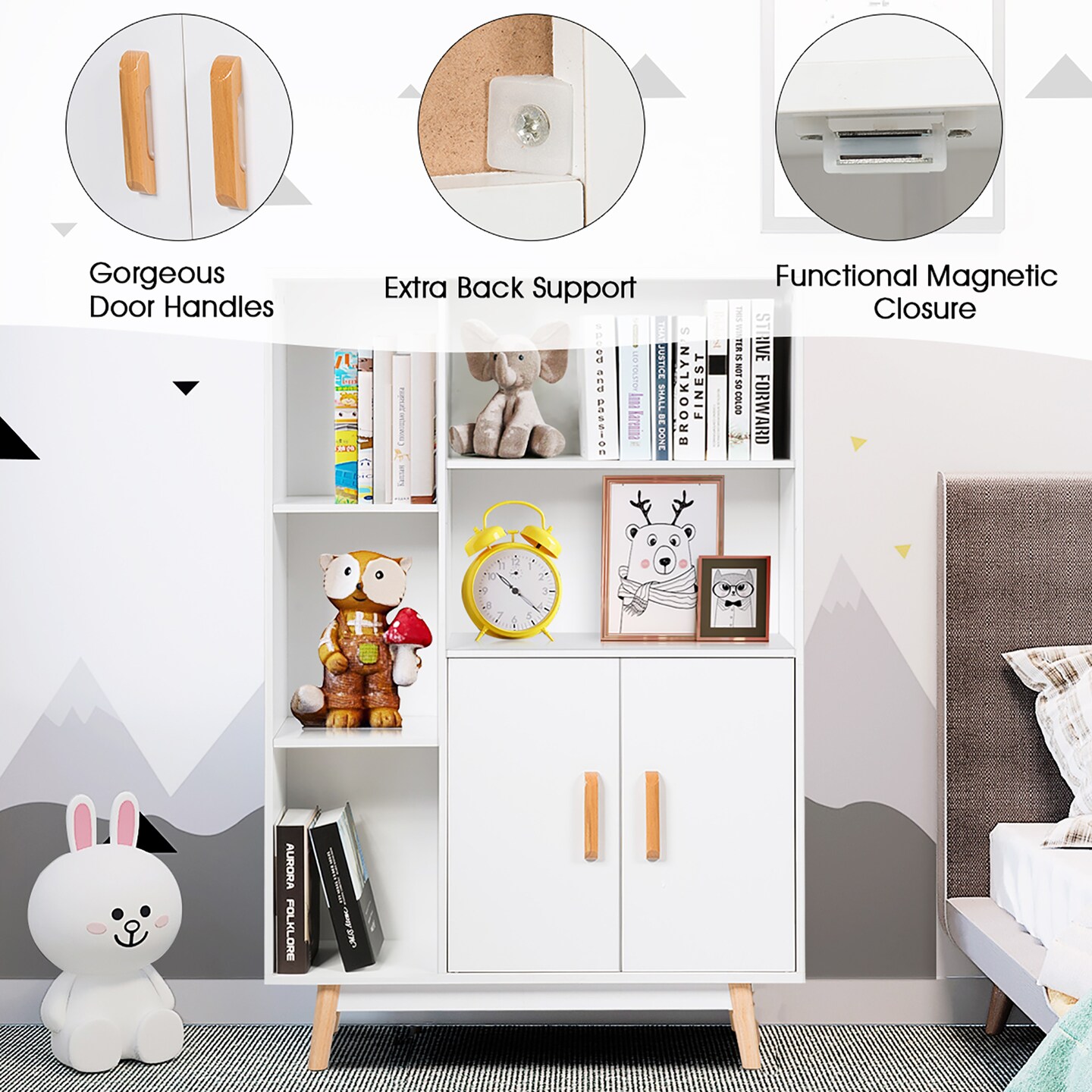 Costway Floor Storage Cabinet Free Standing Wooden Display Bookcase Side Decor Furniture