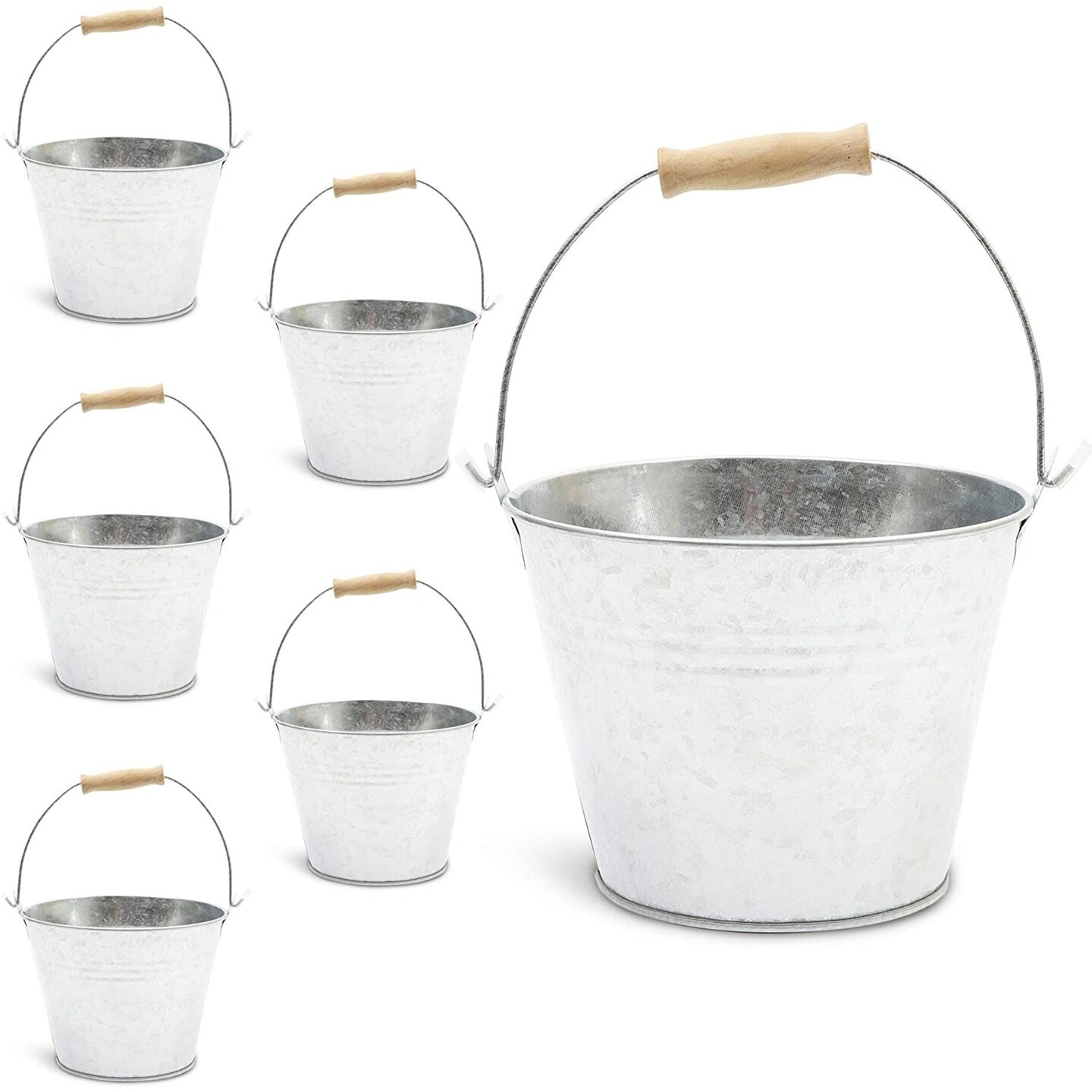 Six Galvanized Metal Buckets with Wooden Handles for Parties, Home Projects, and More (4.5 in; not to be used as water buckets)