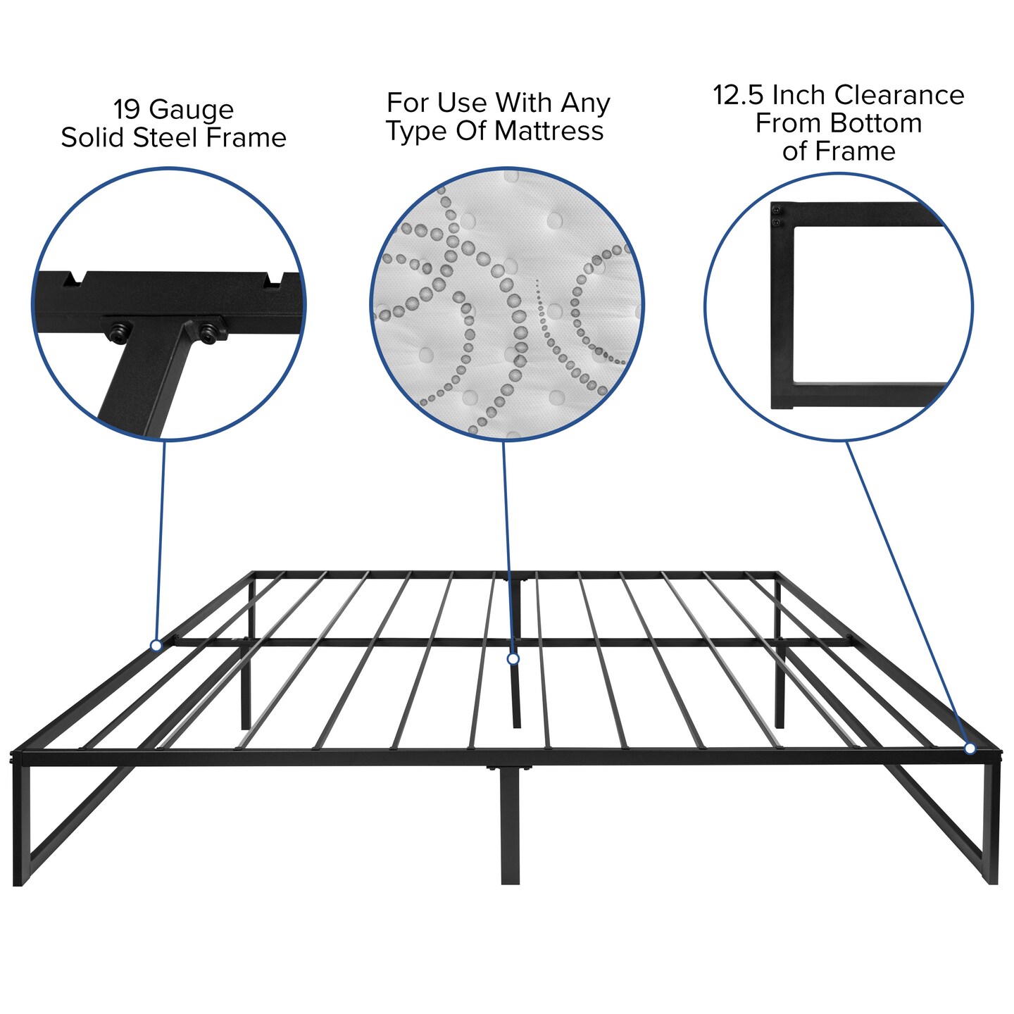 Merrick Lane Varallo 14 Inch Steel Bed Frame With Steel Slat Support For Any Mattress (No Box Spring Required)