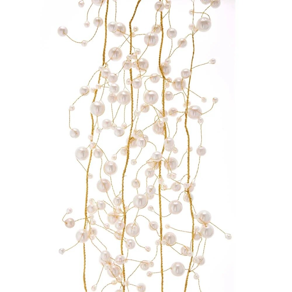 KSA White Pearl Beads with Gold Wire Christmas Garland, Unlit