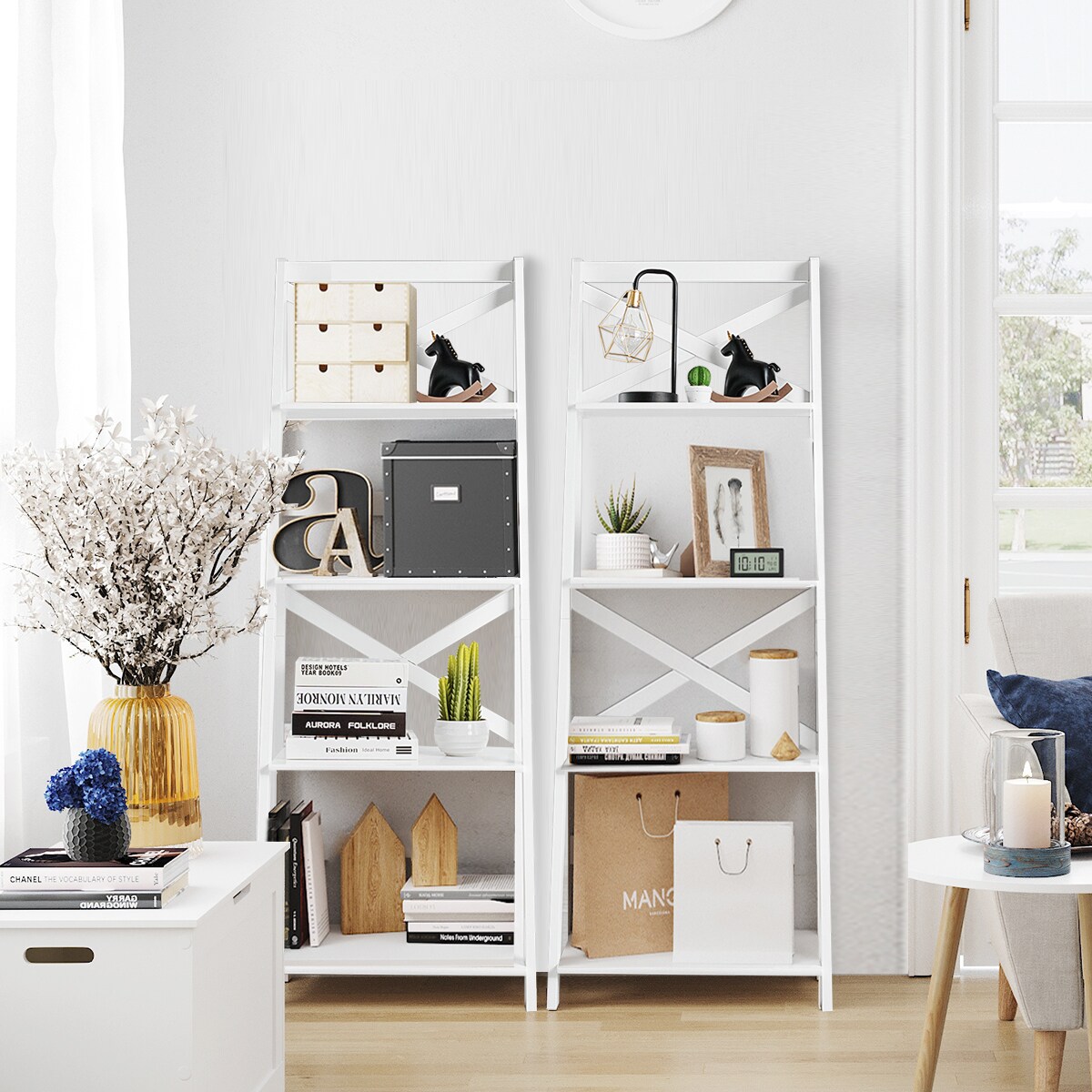 Costway 4-Tier Ladder Shelf Bookshelf Bookcase Storage Display Plant Leaning Shelf White