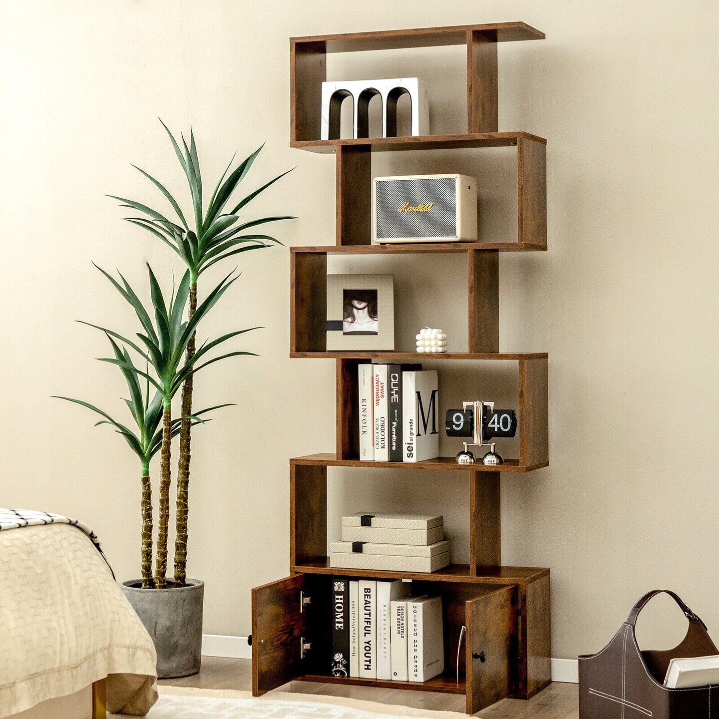 Engineered Wood S-Shaped Bookshelf with Cabinet and Doors