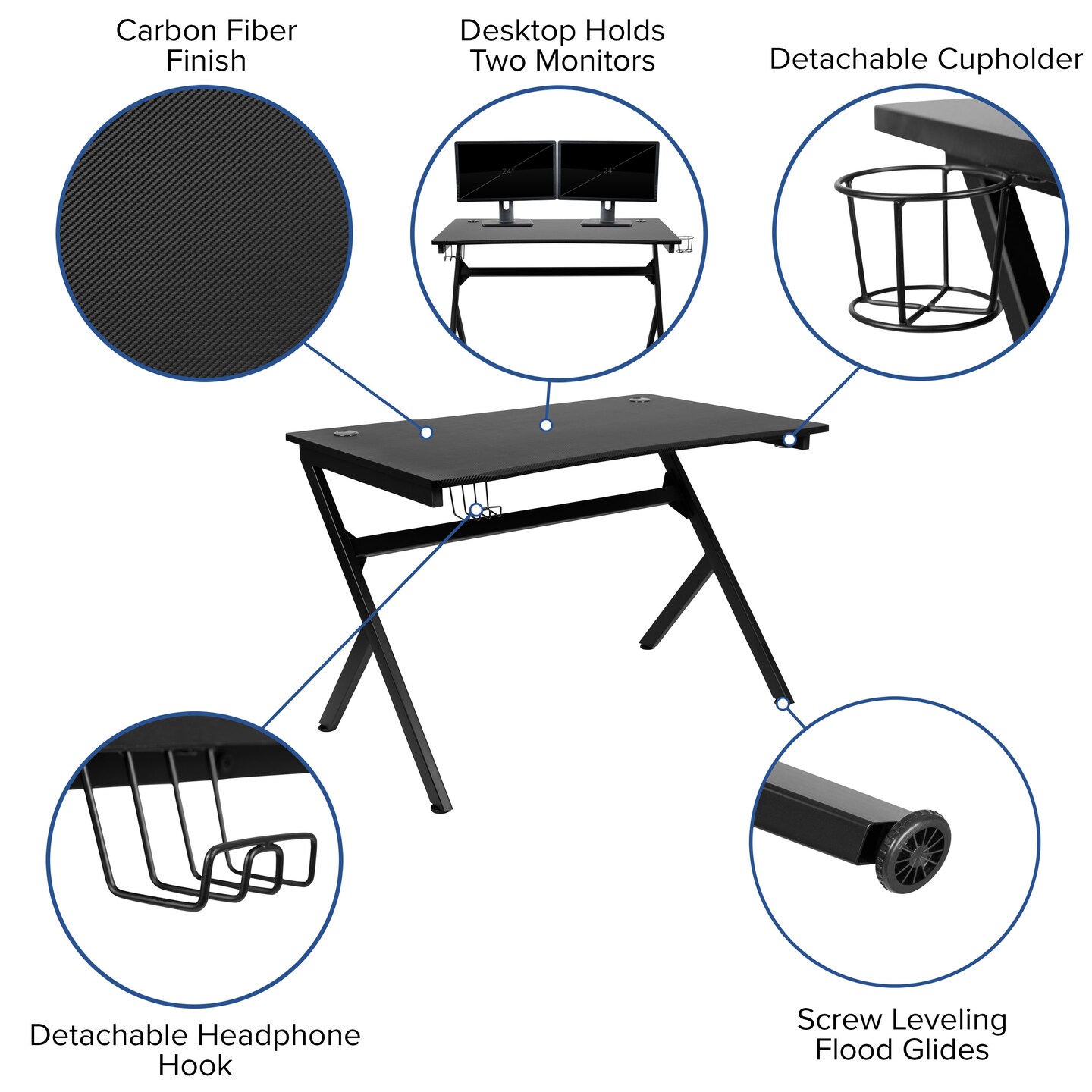 Emma and Oliver Gaming Desk Bundle - Cup/Headphone Holders, Wire Management