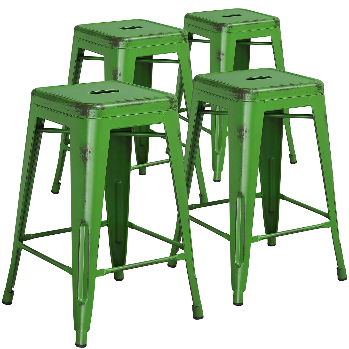 Emma and Oliver Commercial Grade 4 Pack 24&#x22; High Backless Distressed Metal Indoor-Outdoor Counter Height Stool