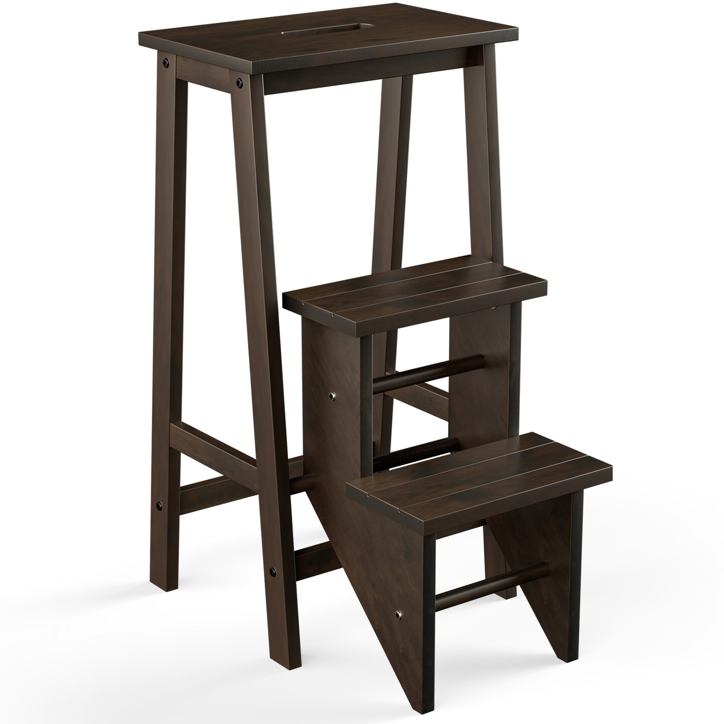 3-in-1 Rubber Wood 3 Tier Folding Step Stool Ladder Storage Shelf