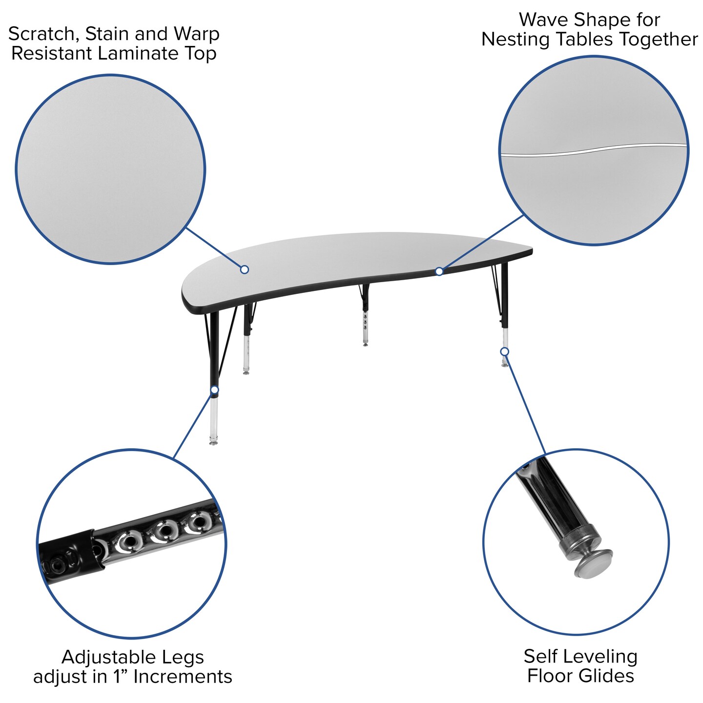 Emma and Oliver 60" Half Circle Wave Flexible Collaborative Kids Adjustable Height Activity Table