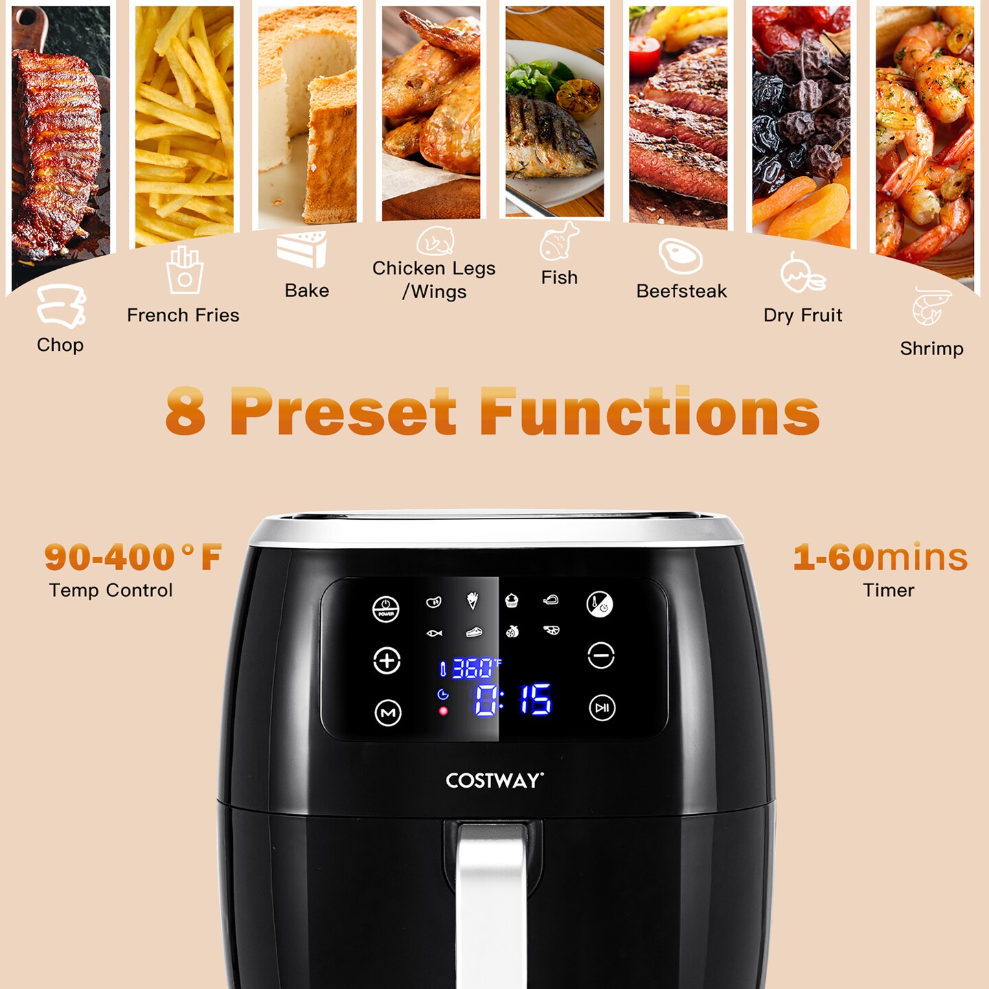 6.5QT Air Fryer Oilless Cooker with 8 Preset Functions and Smart Touch  Screen - Costway