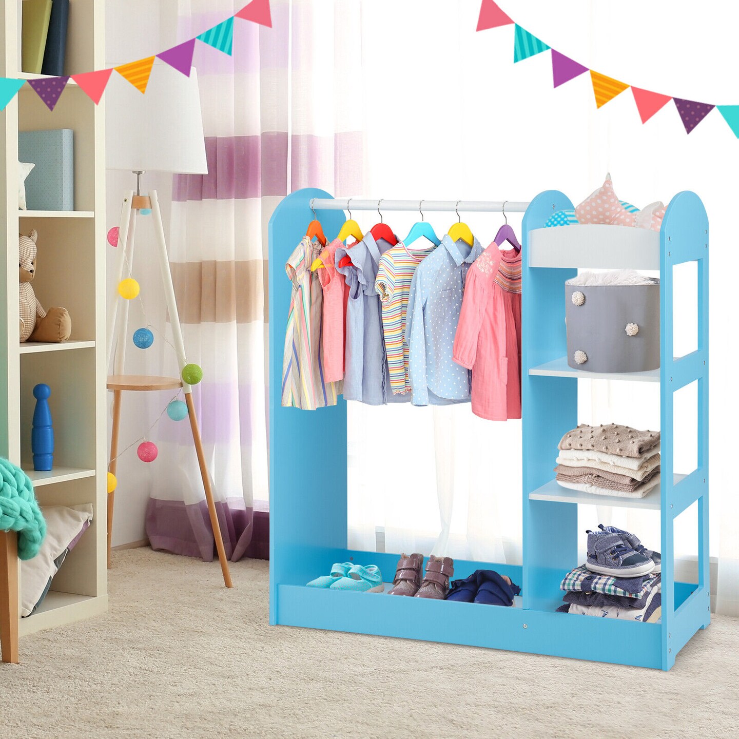 Kids Dress Up Storage Space with 2 Open Shelves and 2 Bottom Storage Layers