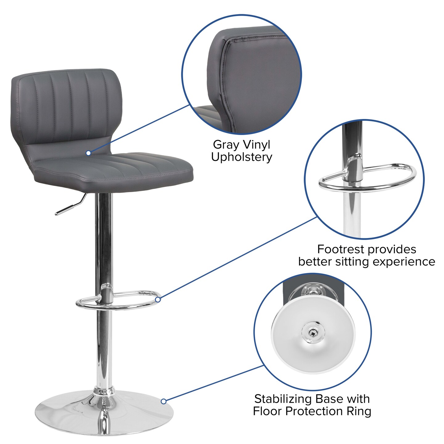 Merrick Lane Set of Two Swivel Bar Stools with Vertical Stitched Back and Adjustable Chrome Base with Footrest