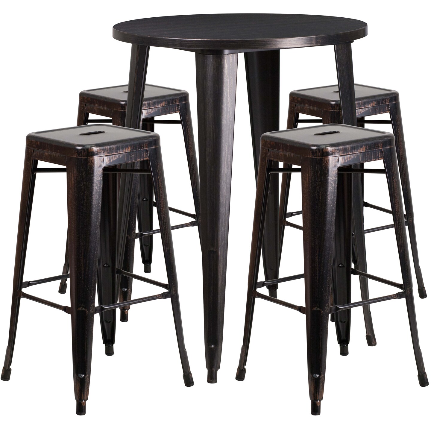 Emma and Oliver Commercial Grade 30" Round Metal Indoor-Outdoor Bar Table Set, 4 Backless Stools