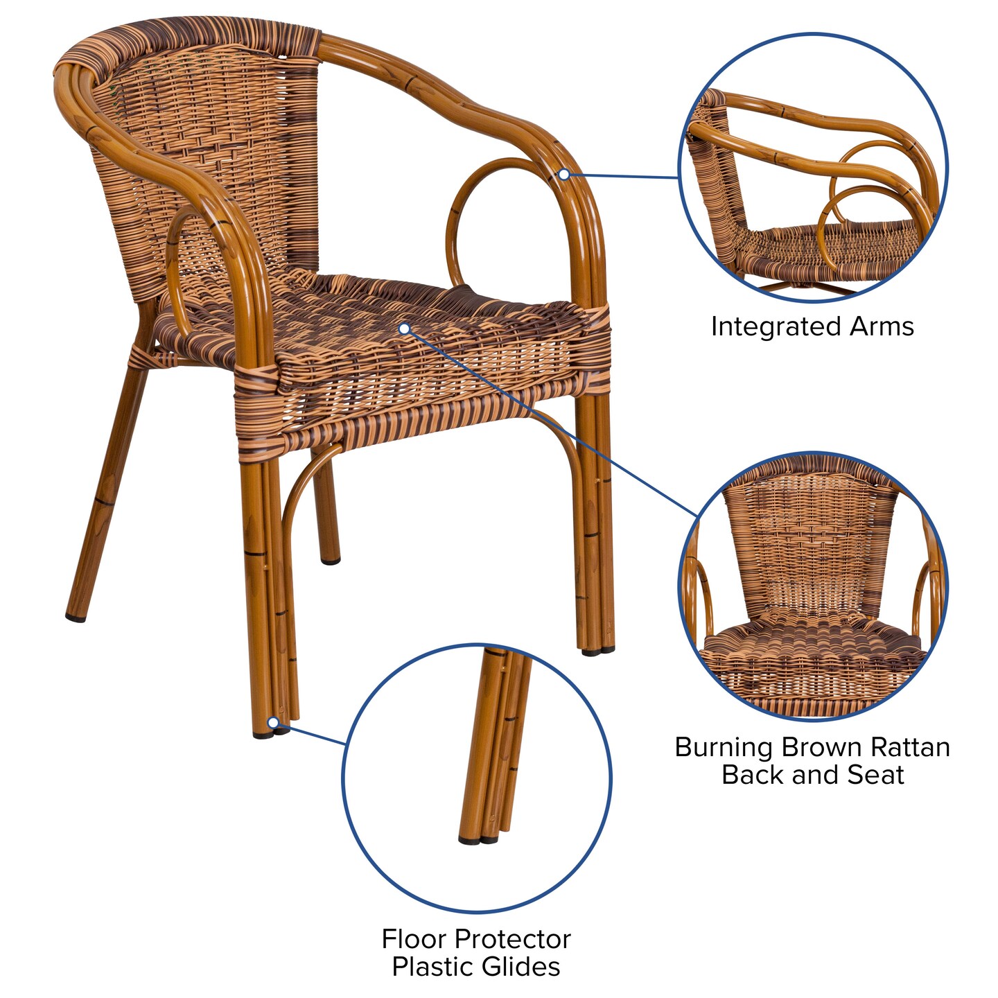Merrick Lane Esna Series Stacking Rattan Patio Chair with Bamboo Look Aluminum Frame and Integrated Arms