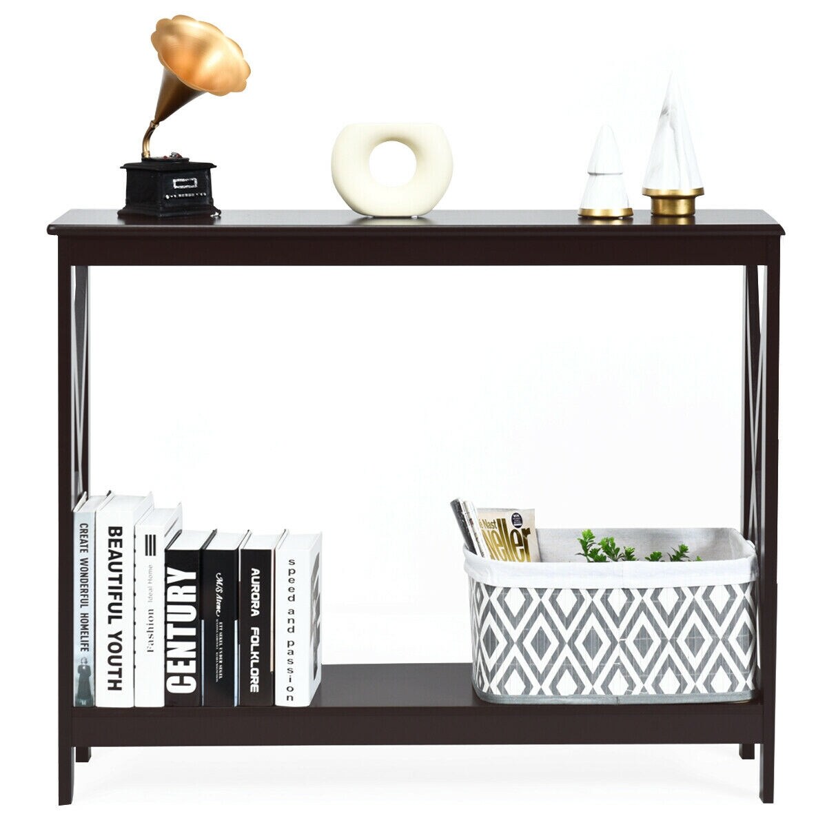 2-Tier Console X-Design Sofa Side Accent Table with Spacious Storage Space