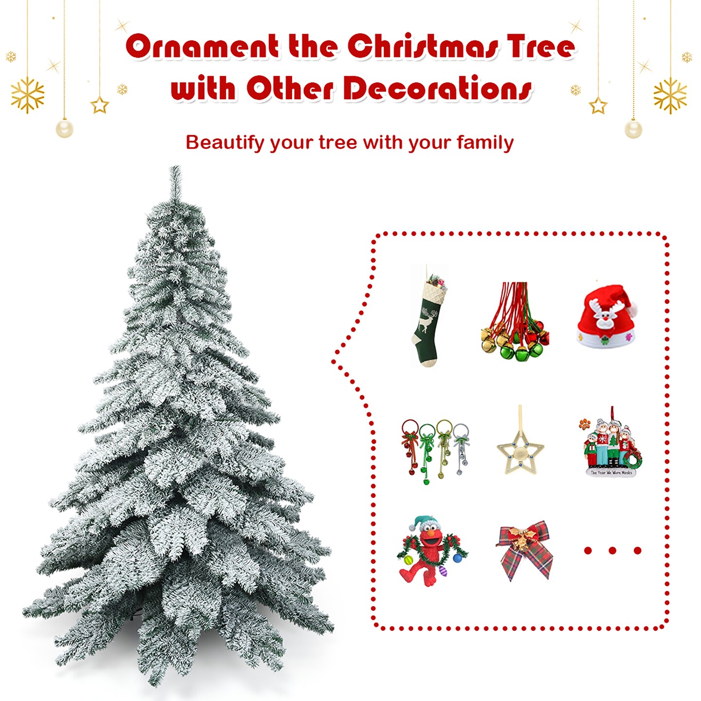 Costway 7.5 ft Snow Flocked Artificial Christmas Tree Hinged Alaskan Pine Tree Holiday