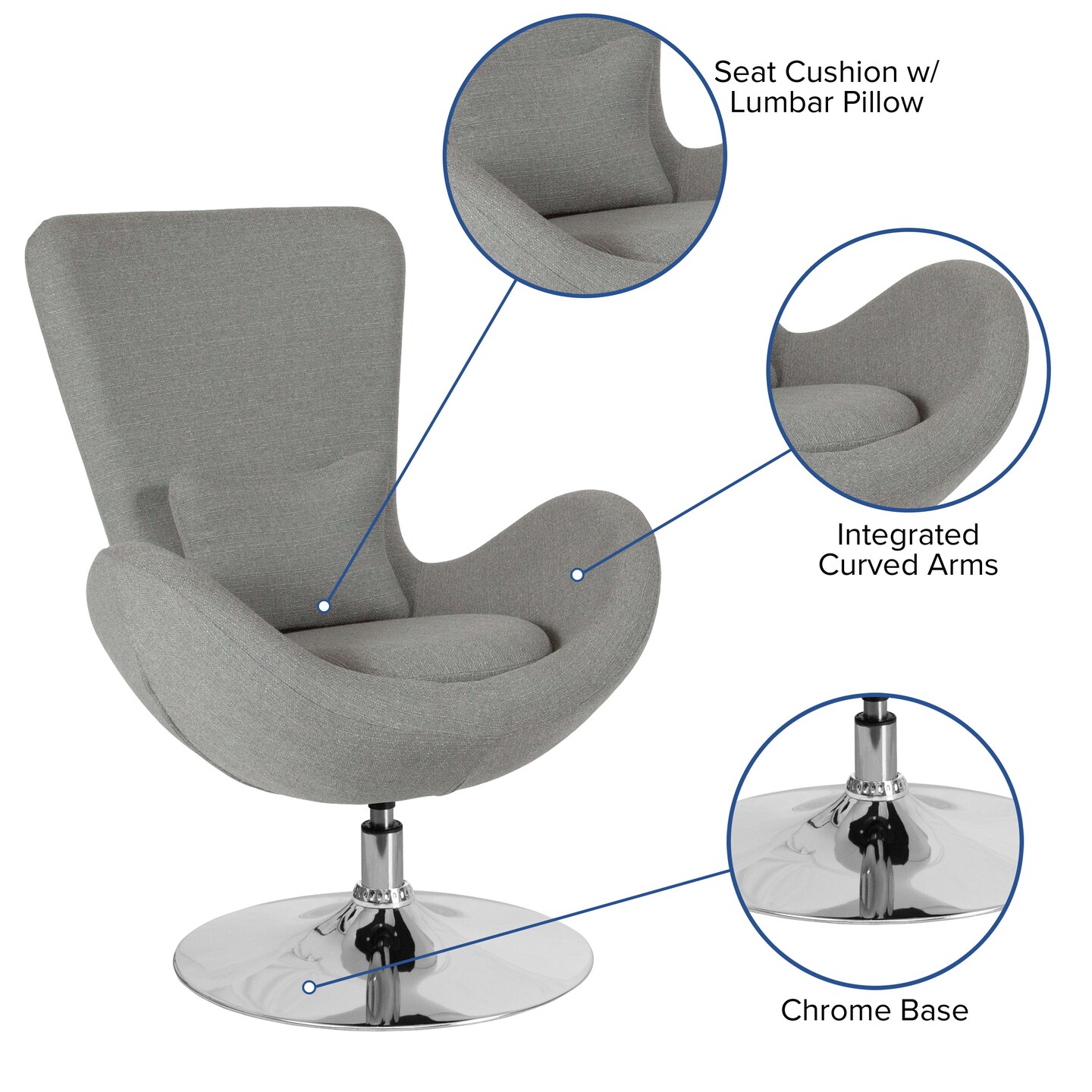 Merrick Lane Soro High-Back Egg Style Lounge Chair With 360° Swivel Metal Base