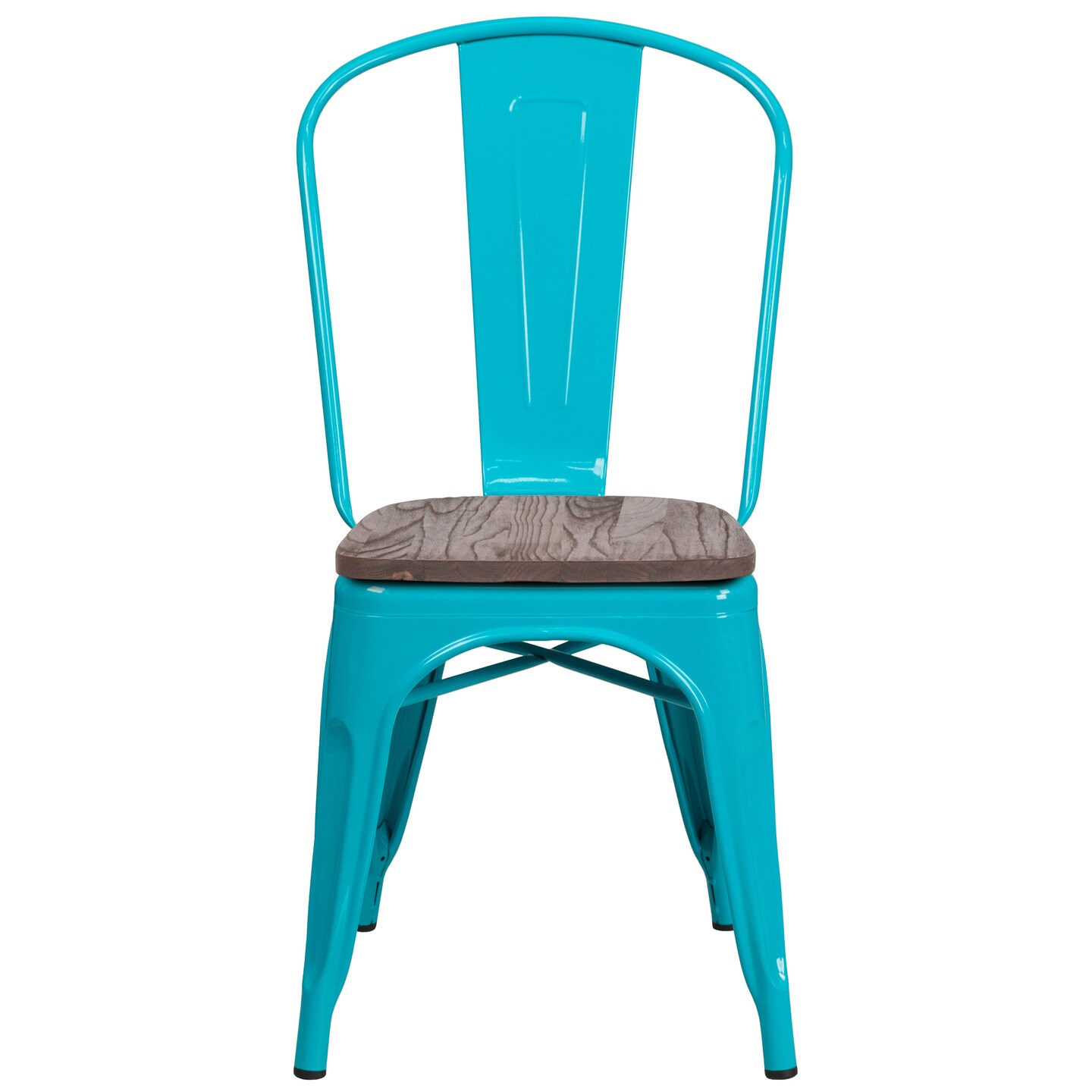Merrick Lane Calumet Metal Stacking Chair with Curved, Slatted Back and Rustic Wood Seat