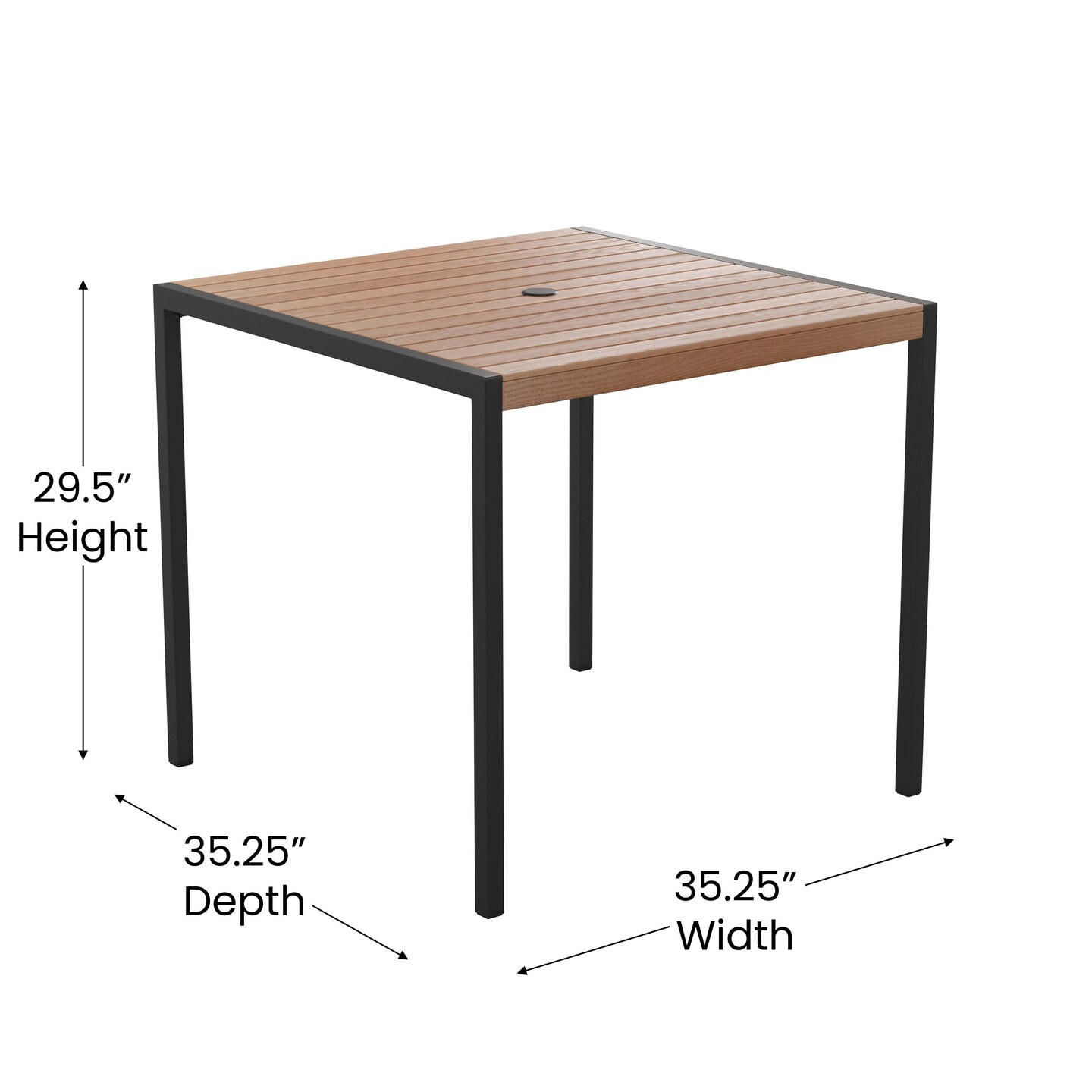 Merrick Lane Faux Teak Outdoor Dining Table with Powder Coated Steel Frame and Umbrella Hole