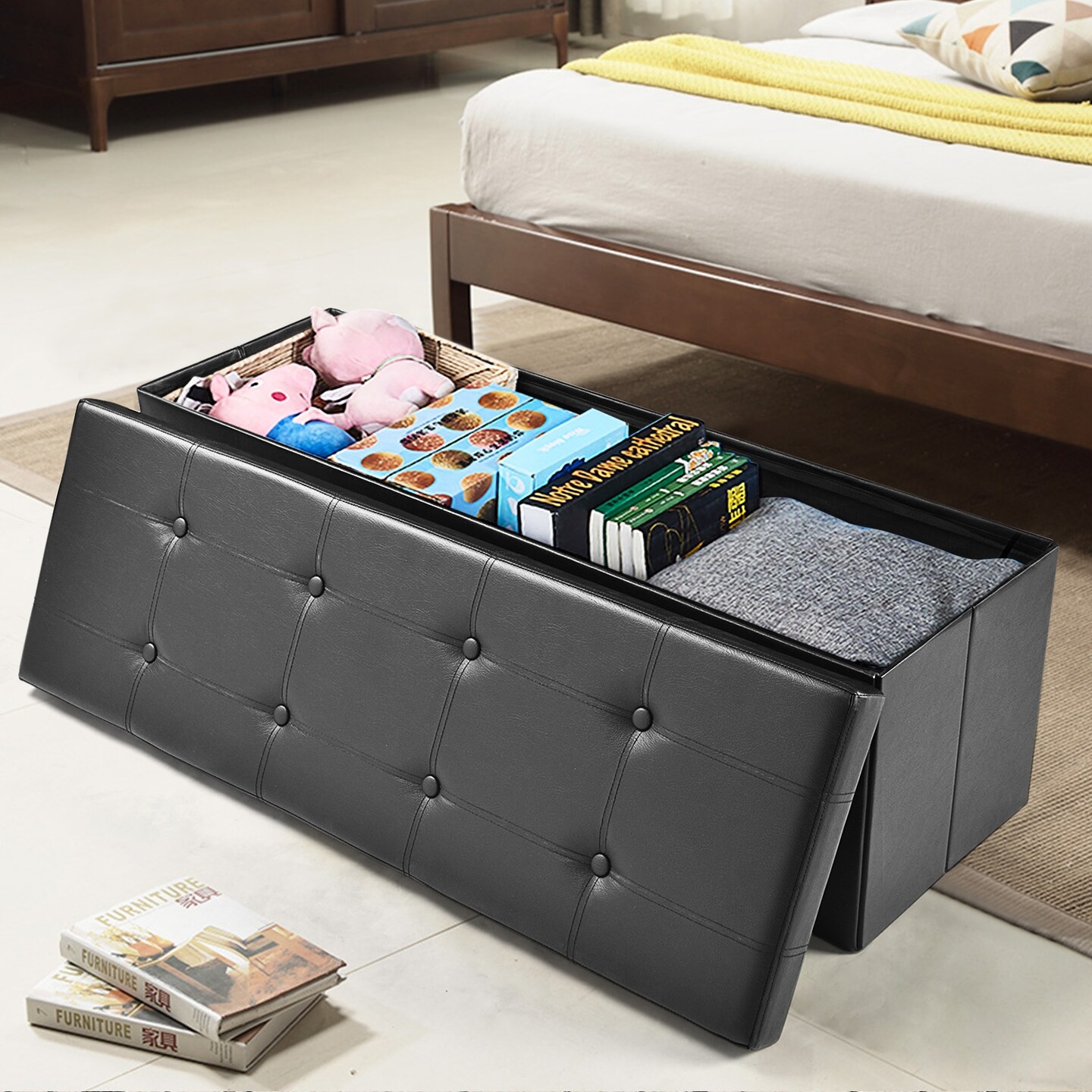 45 Inches Faux Leather Foldable Ottoman Storage Bench with Thick Sponge Padded Seat