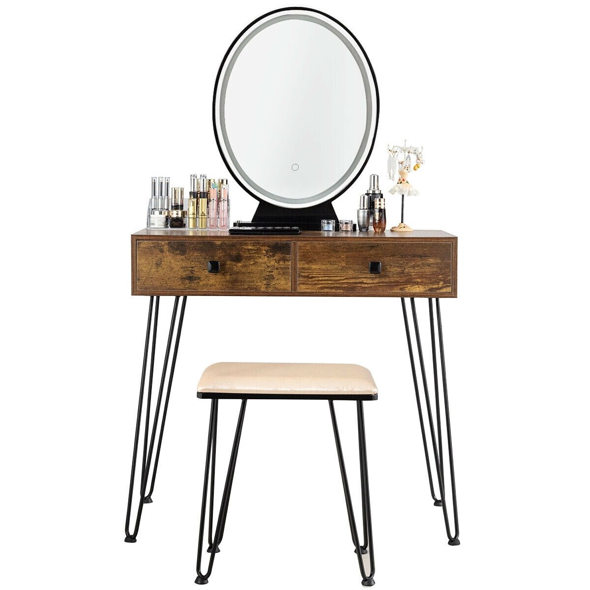 Makeup Dressing Table Included Soft Cushion Seat Stool with 3 Lighting Modes and 2 Large Drawers