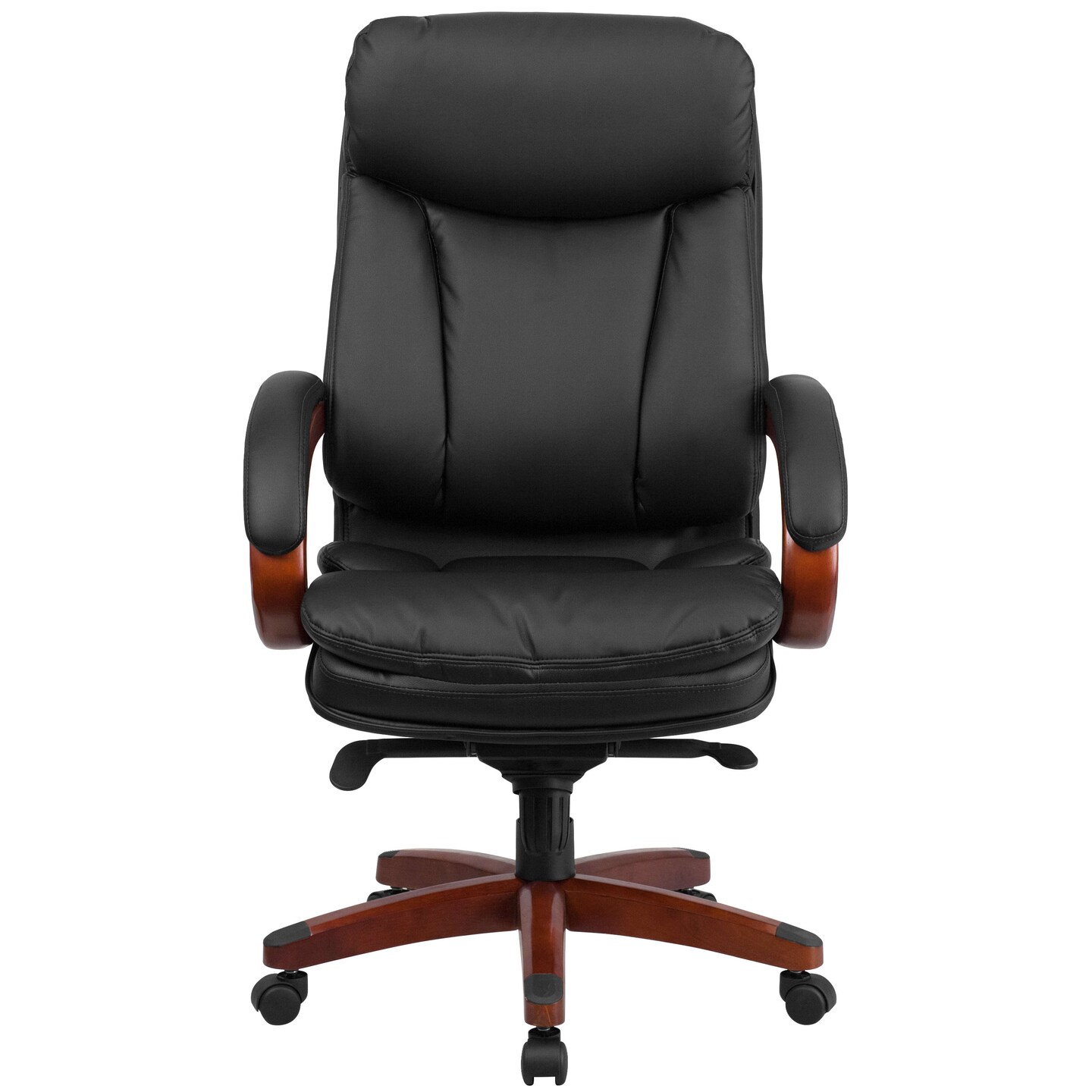 Emma and Oliver High Back Leather Executive Swivel Ergonomic Office Chair with Synchro-Tilt Mechanism, Mahogany Wood Base and Arms