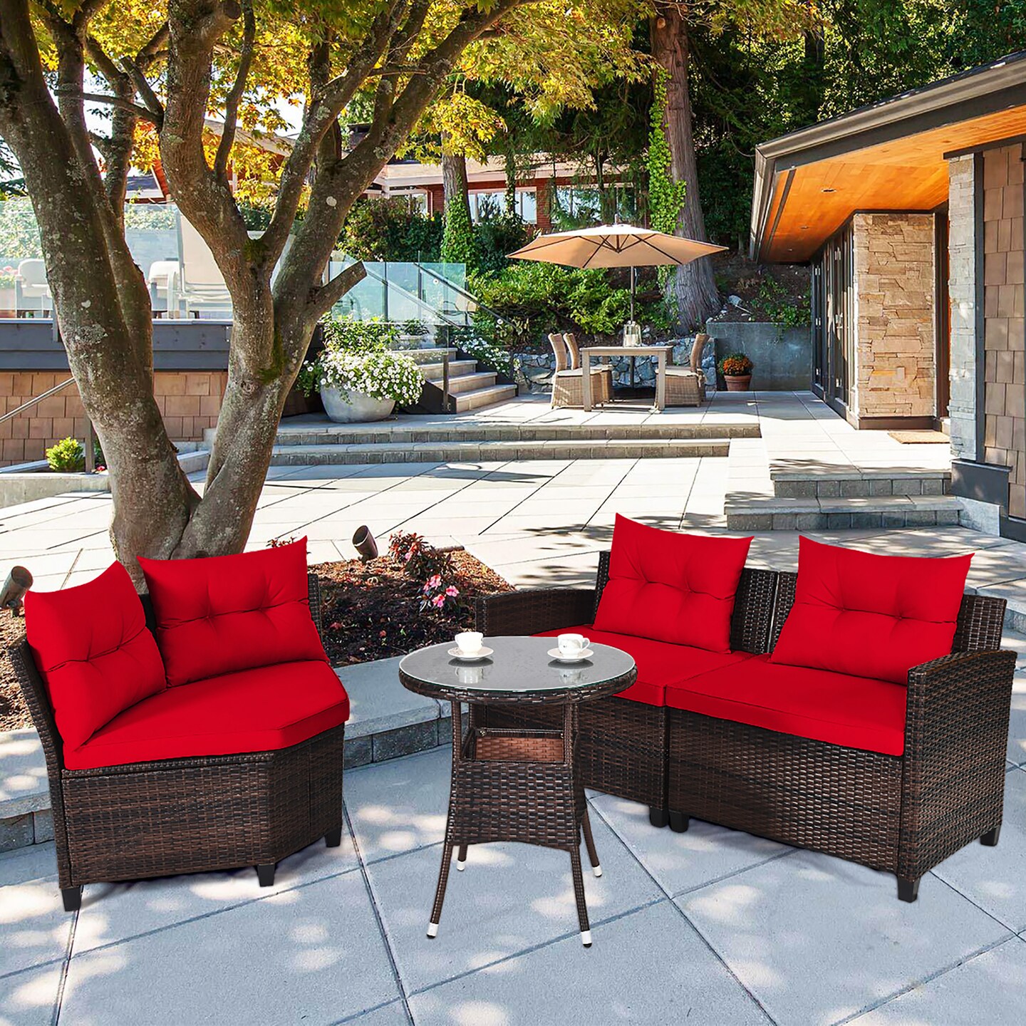 Costway 4PCS Outdoor Patio Rattan Furniture Set Cushioned Sofa Table Turquoise\Black\Navy\Red