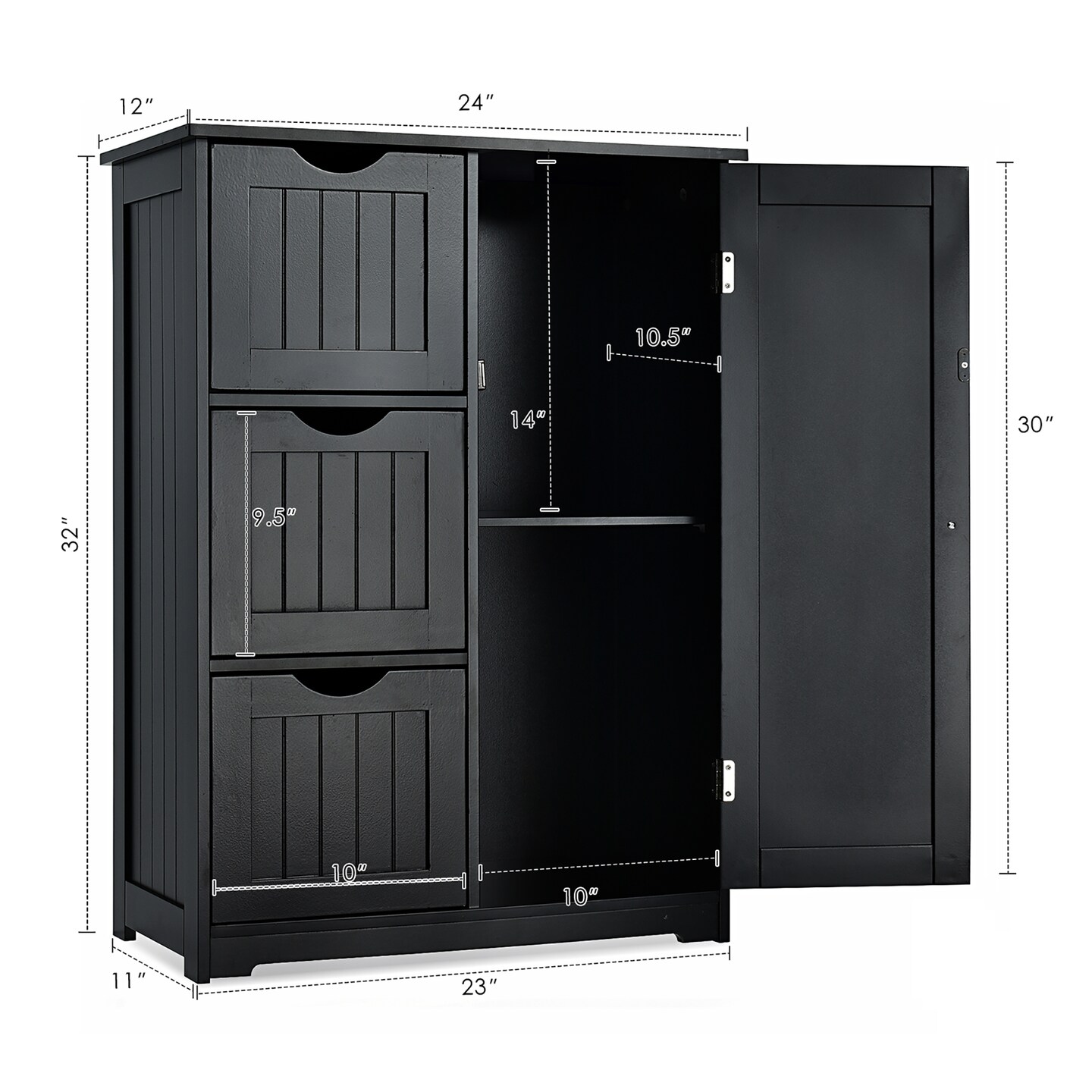 Costway Bathroom Floor Cabinet Side Storage Cabinet With 3 Drawers And ...