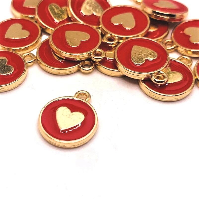 1, 4, 20 or 50 Pieces: Red and Gold Round Heart Charms - Double Sided