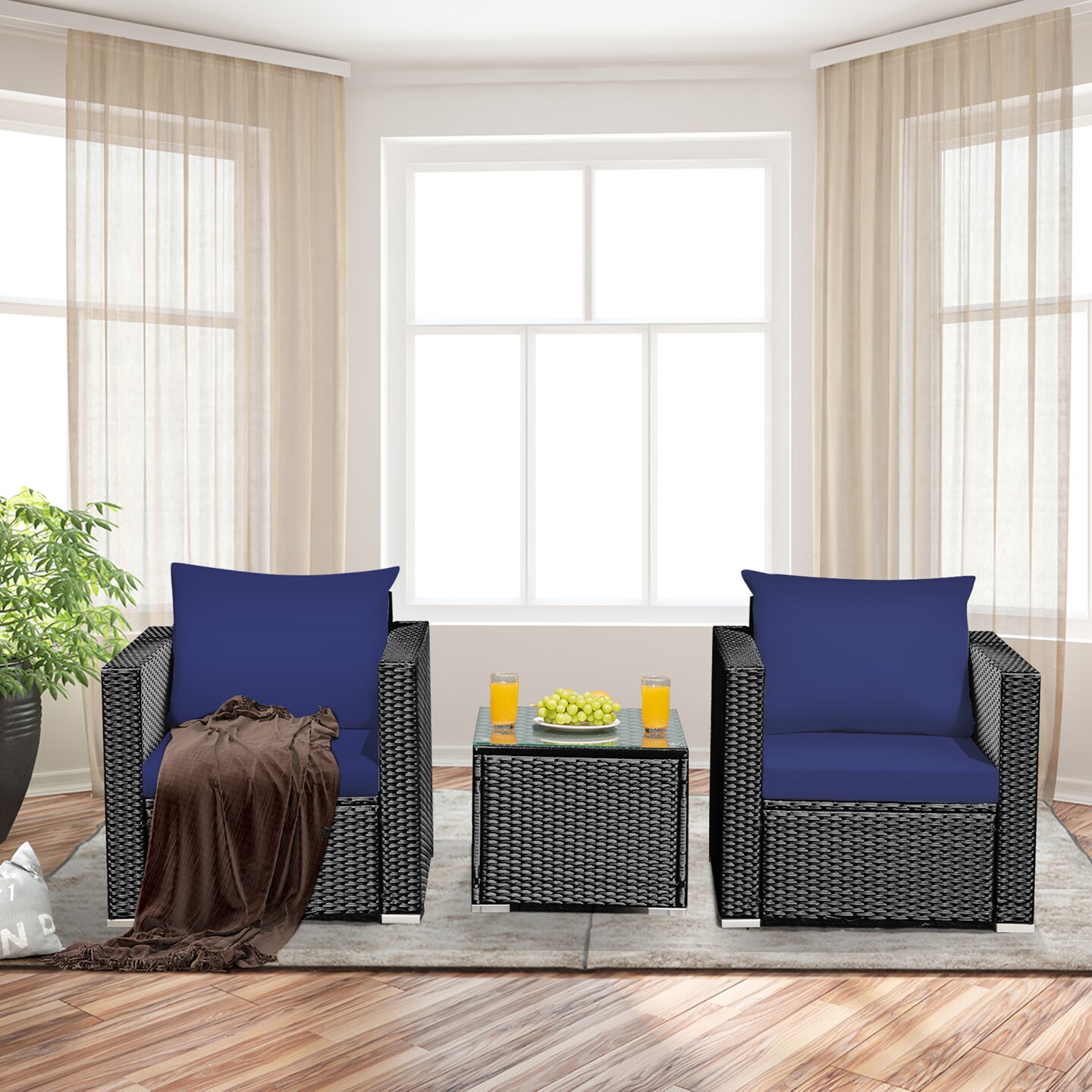 Costway 3PCS Patio Rattan Wicker Furniture Set Sofa Table W/Cushion Yard Red\Turquoise\ Navy\Black
