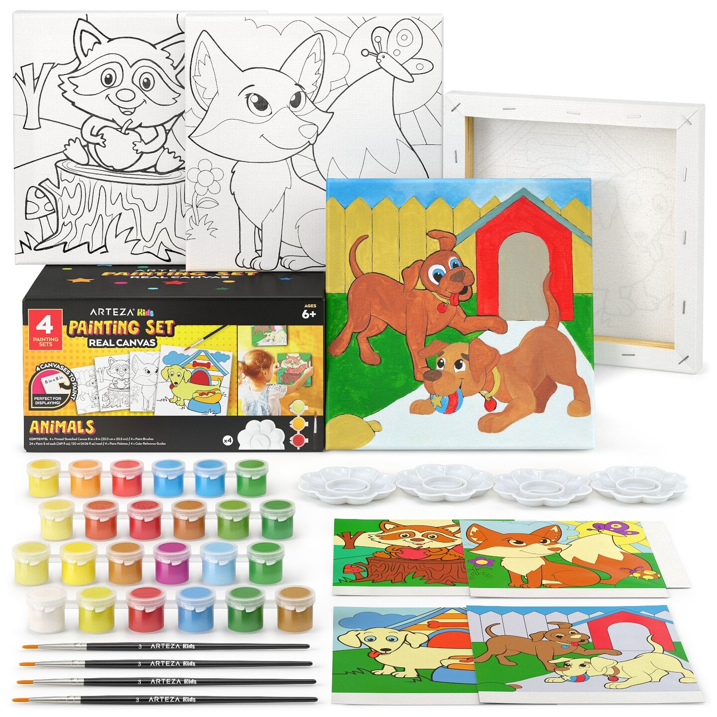 Arteza Kids Animals Paint Kit, 4 8x8" Canvases, Brushes, & Paints - 4 Pack
