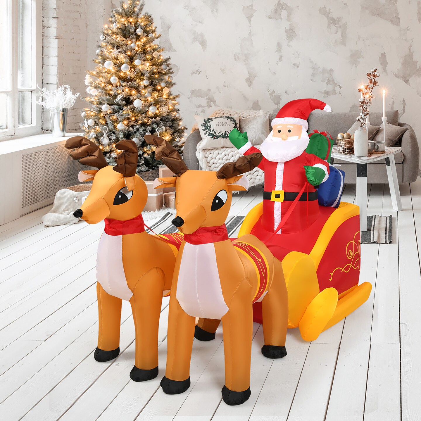 Costway 7.5 Ft Inflatable Santa Double Deer w/Sled Waterproof Christmas Outdoor Decoration