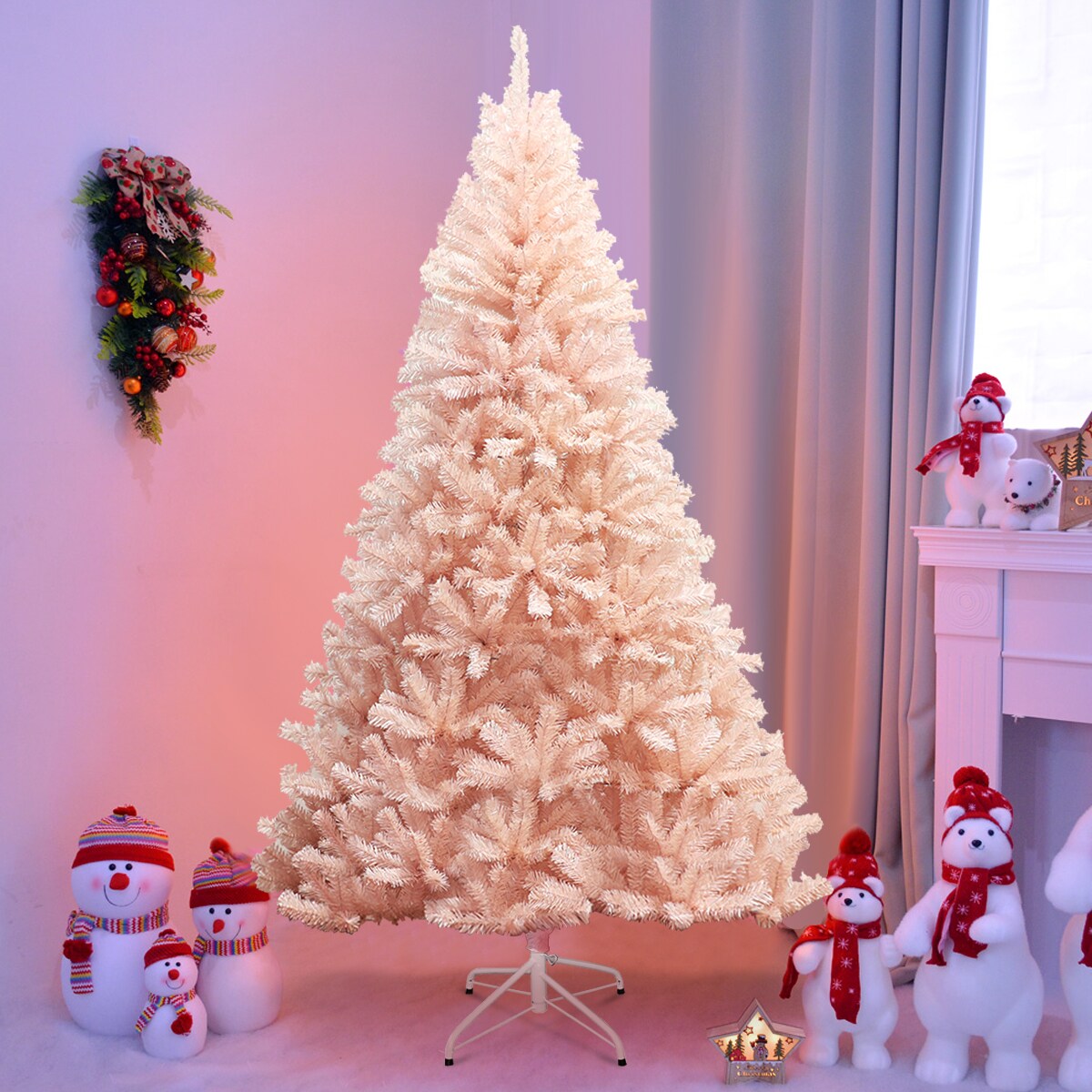 Costway 6ft/7ft Pink Christmas Tree Hinged Full Fir Tree Metal Season