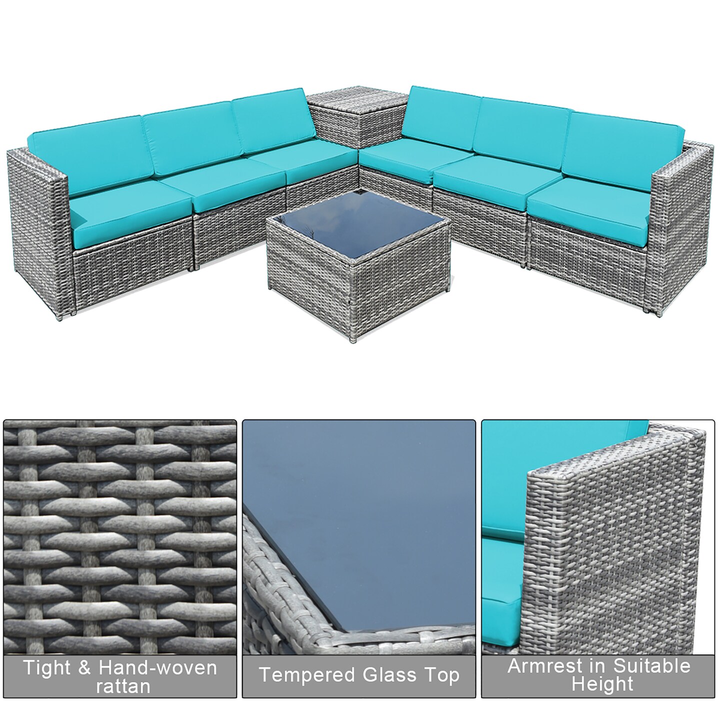 Costway 8 PCS Wicker Sofa Rattan Furniture Set Patio Furniture w/ Storage Table White\ Black\Turquoise\Red