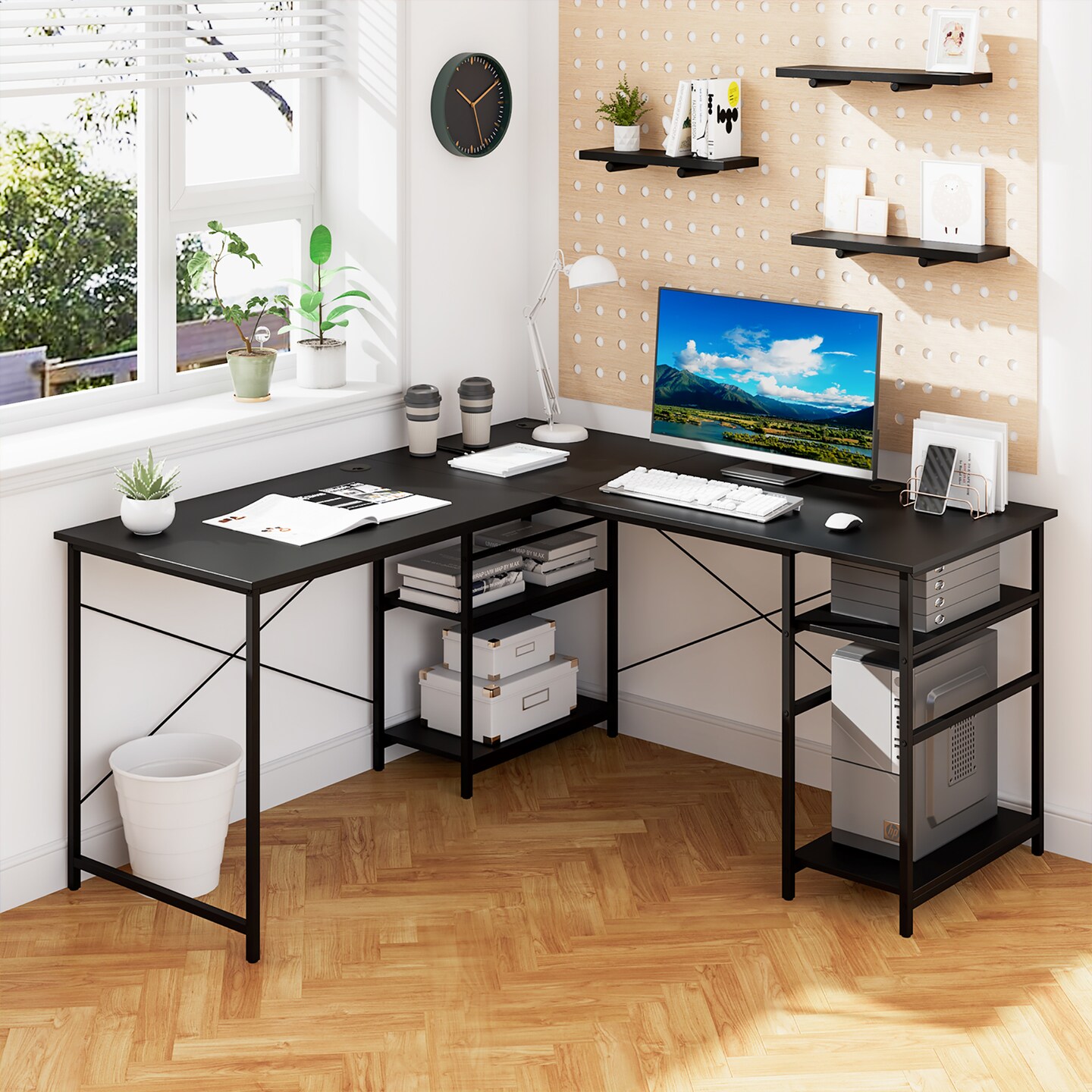 Costway 95&#x27;&#x27; Convertible L-shaped Corner Computer Desk 2-Person Long Desk Shelves Black
