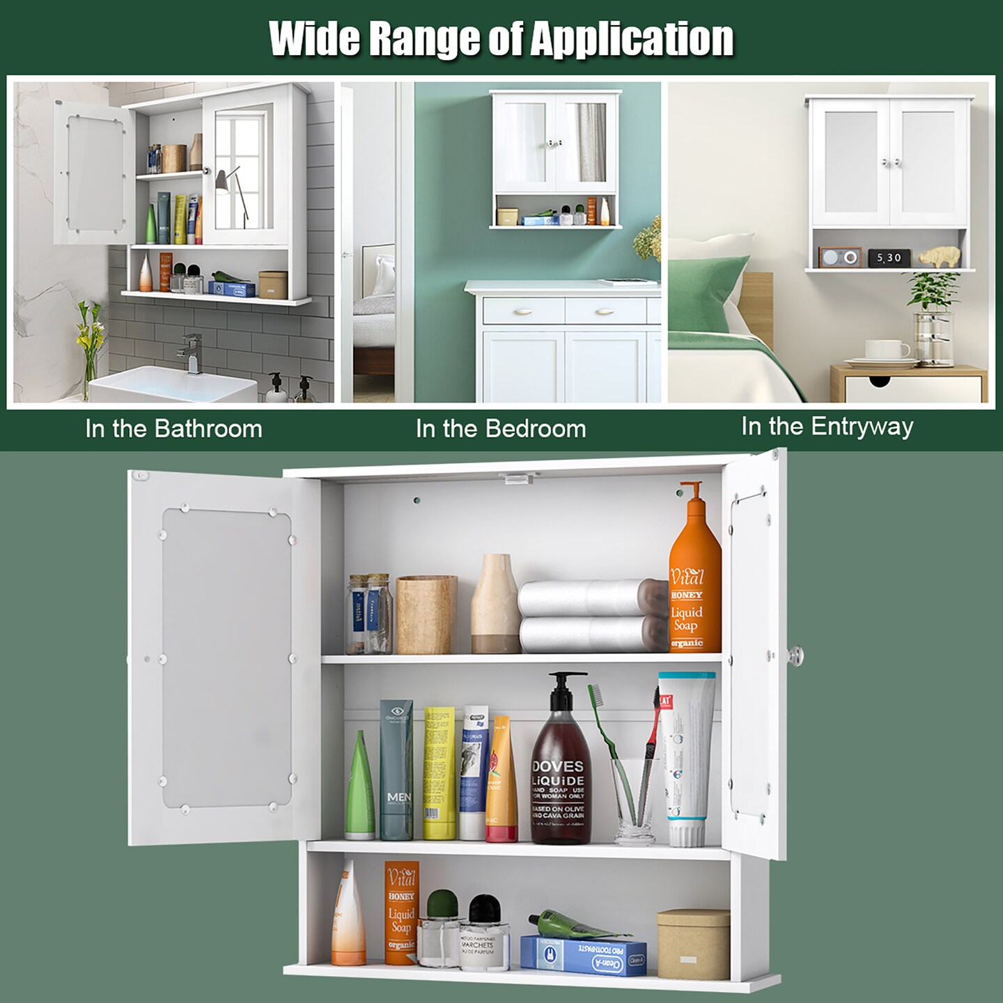 Costway New Bathroom Wall Cabinet Double Mirror Door Cupboard Storage Medicine Cabinet Shelf White