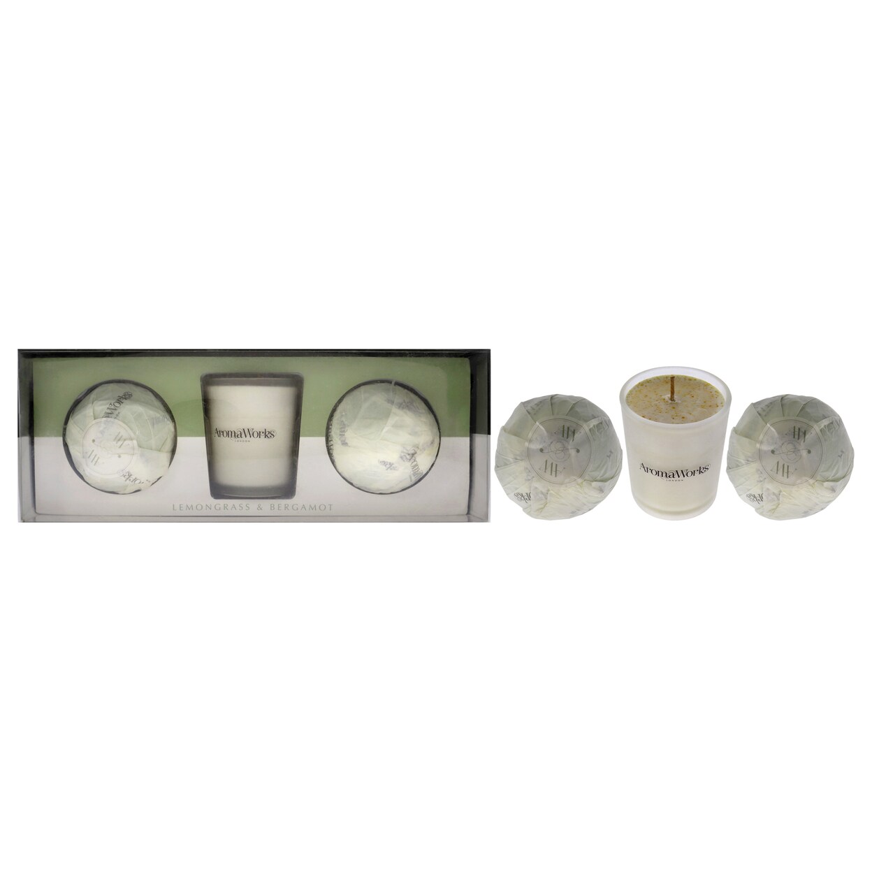 Aromaworks   Light Candle Set - Lemongrass and Bergamot 2.65oz Candle, 2 Mini AromaBomb 3 Pc
