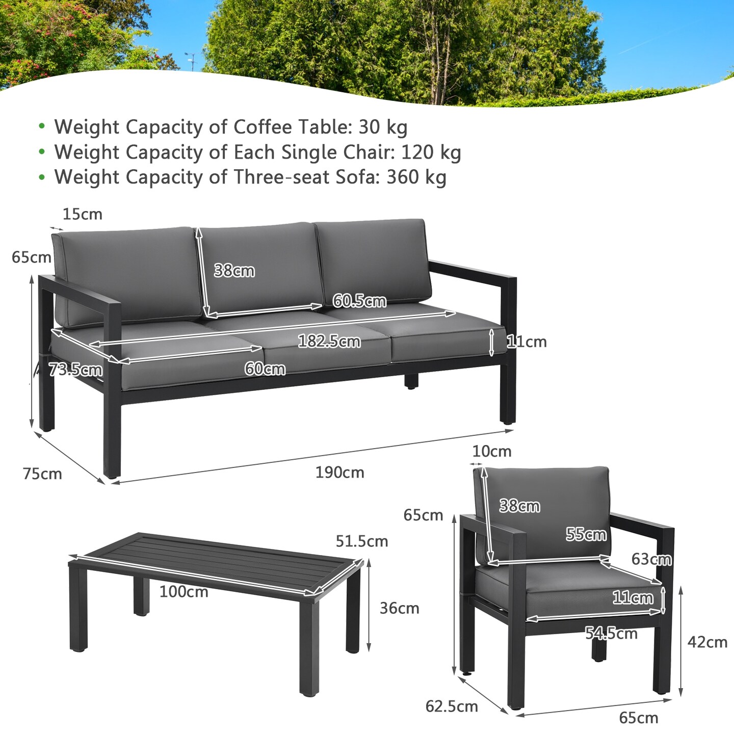 4-Piece Outdoor Patio Set Black Aluminum 3-Seat Sofa 2 Chairs Table