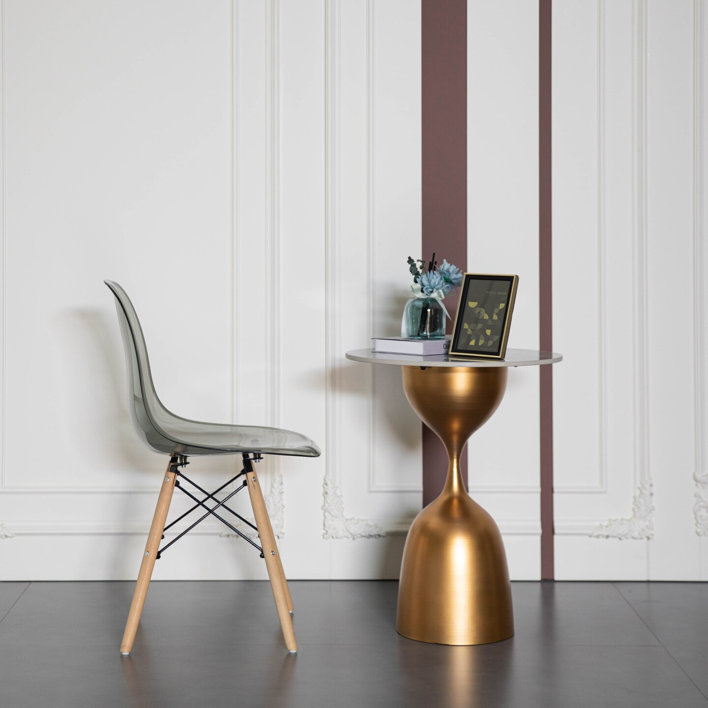 Mid-Century Modern Style Dining Chair with Wooden Dowel Eiffel Legs, DSW Transparent Plastic Shell Accent Chair