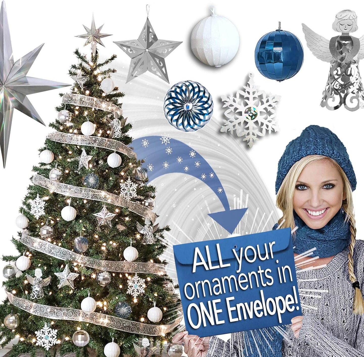 Pop-up Christmas Ornaments Set 41 ct; COLLAPSIBLE Xmas Tree Kit, Silver White Blue