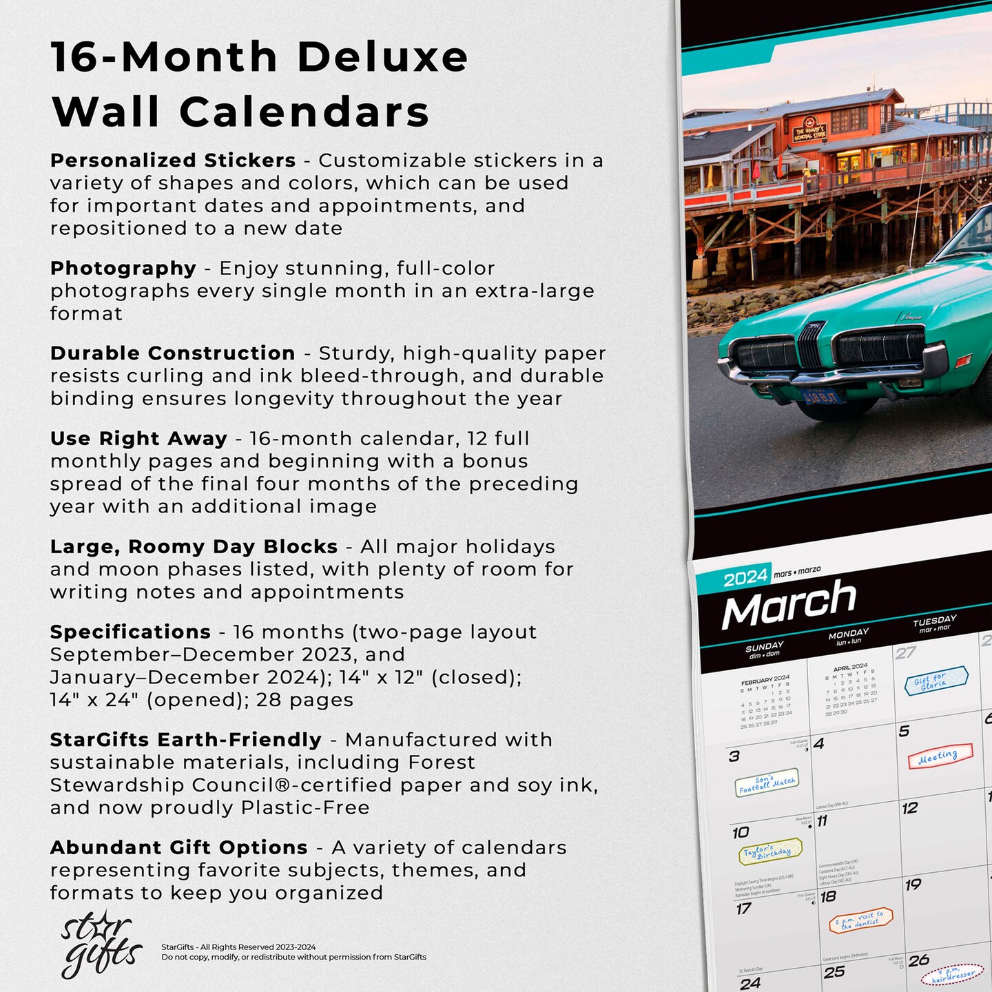 American Muscle Cars OFFICIAL | 2024 14 x 24 Inch Monthly Deluxe Wall Calendar | Sticker Sheet | StarGifts | USA Motor Ford Chevrolet Chrysler Oldsmobile Pontiac
