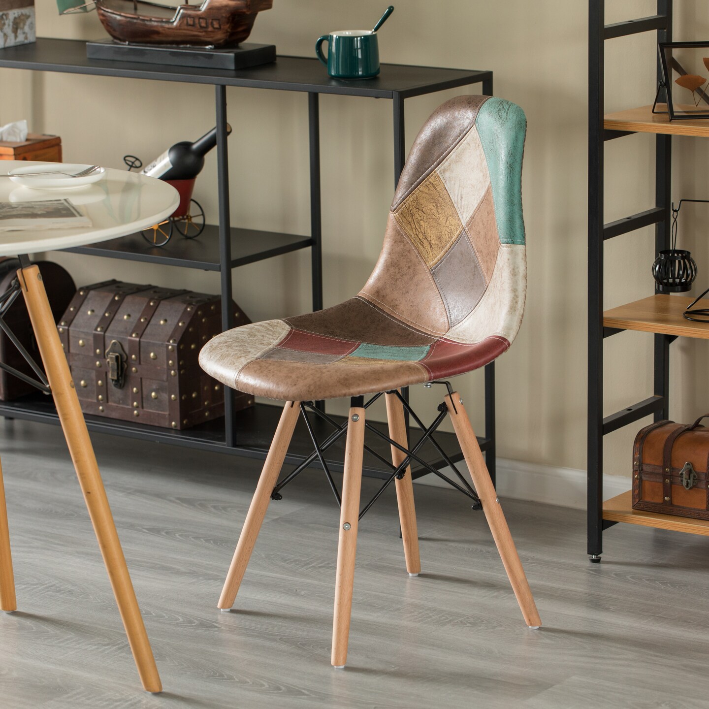 Modern Fabric Patchwork Chair with Leather and Suede Like Tones with Wooden Legs for Kitchen, Dining Room, Entryway, Living Room