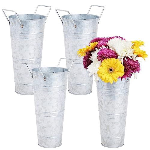 4 Pack 10 Inch Galvanized Flower Buckets with Handles for Rustic-Style Farmhouse Decor, Metal Vases for Planter, Centerpieces, Floral Wedding Arrangements