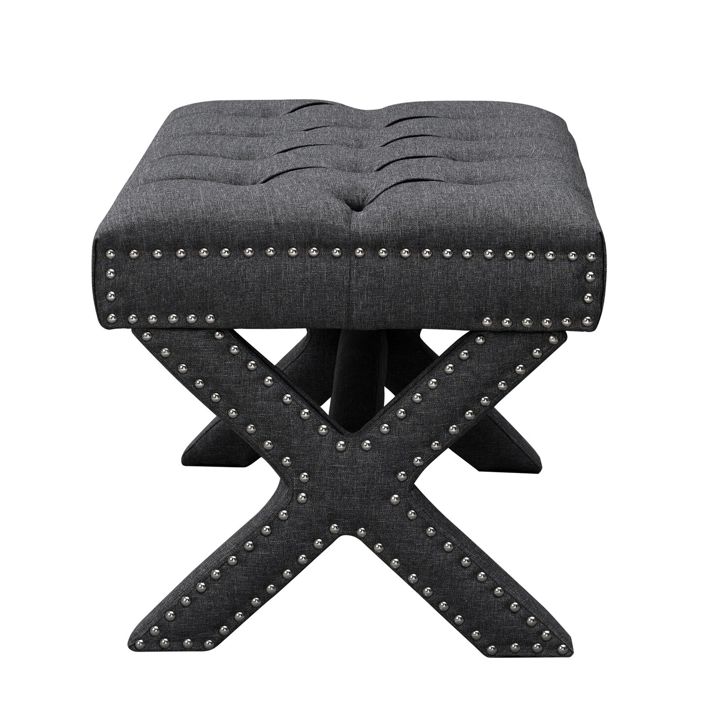 Charlize Linen/Velvet Button Tufted Nailhead Trim X-Leg Ottoman