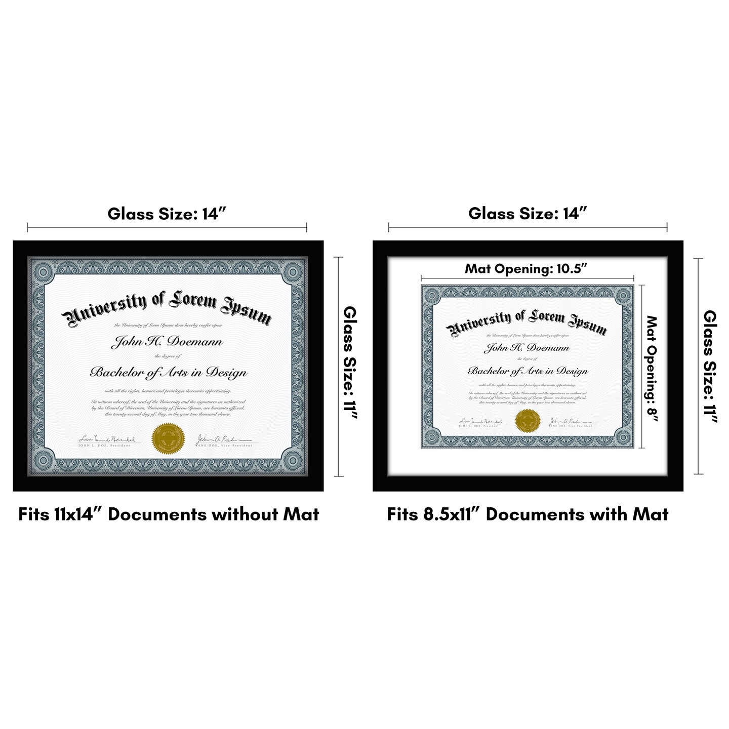 Americanflat 11x14 Diploma Frame - 8.5x11 with Mat or 11x14 without Mat - Certificate Frame for Displaying Documentation - Shatter Resistant Glass - Hanging Hardware