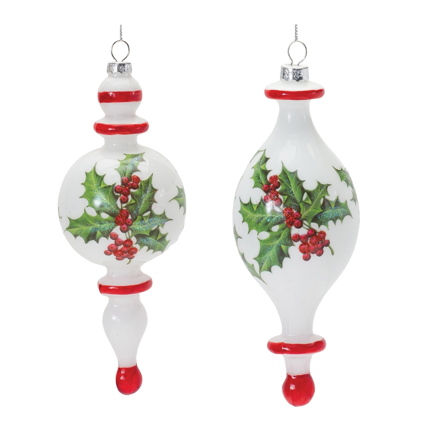 Melrose Holly Christmas Finial Drop Ornaments - 7.75&#x22; - White and Green - 6ct
